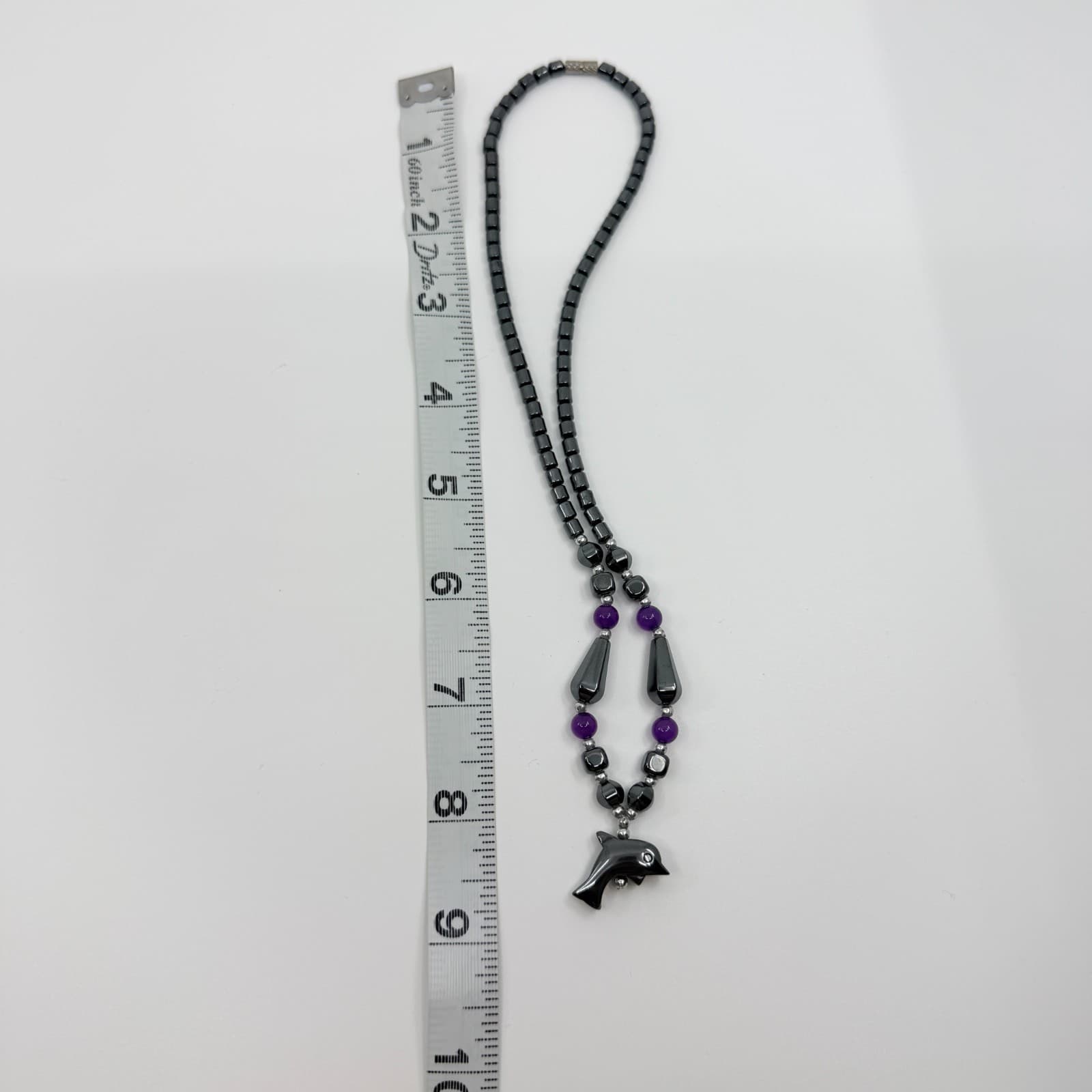 Vintage Hematite Dolphin Pendant Necklace Amethyst Purple Bead Silver Tone Y2K - Thumbnail 8