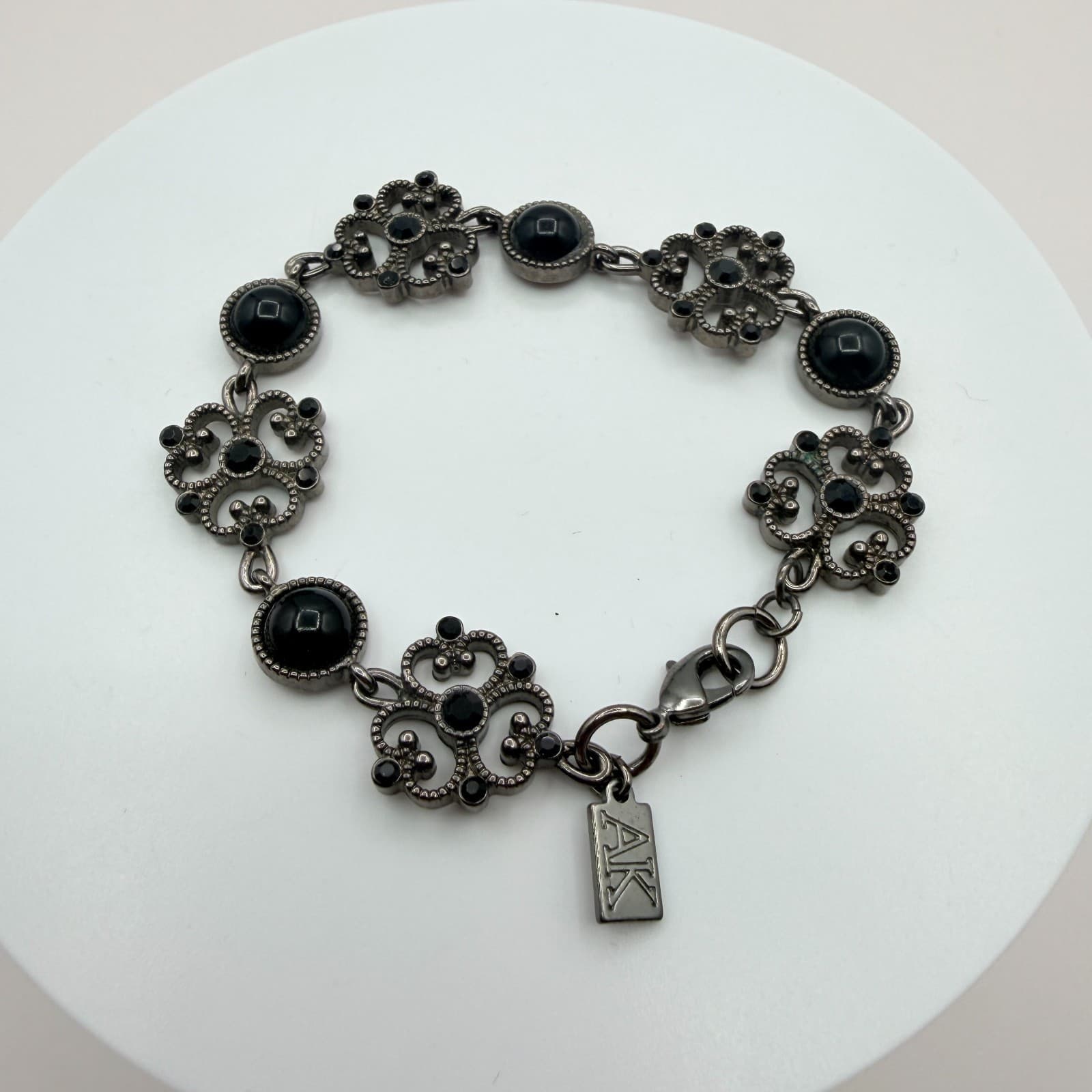 Anne Klein Gunmetal Tone Filigree Link Bracelet Black Faux Onyx Rhinestone AK - Thumbnail 2