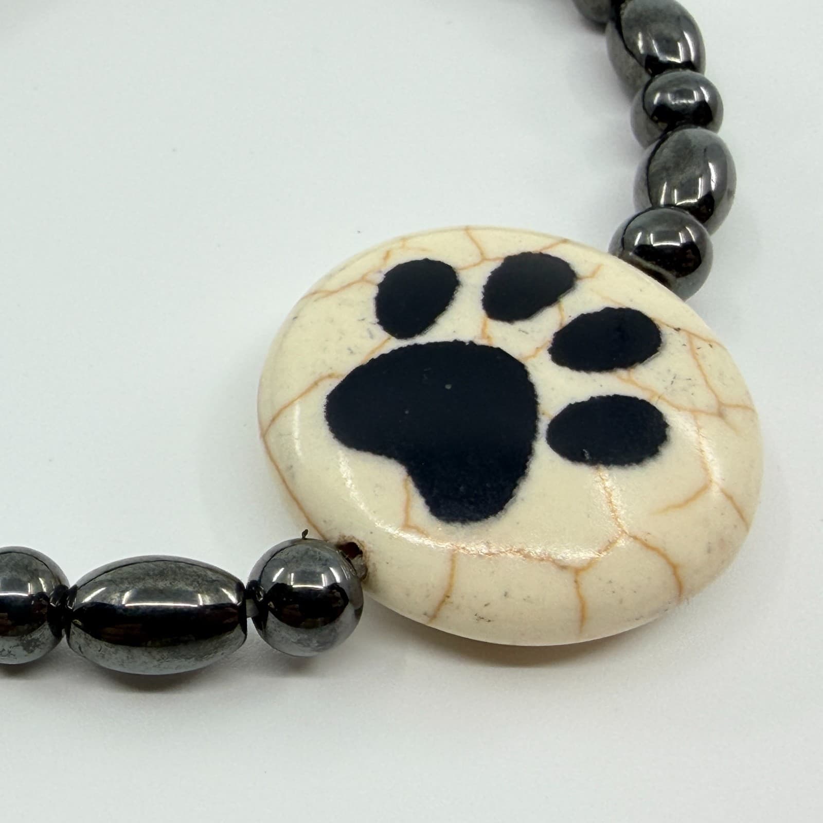 Vintage Gunmetal Tone Hematite Color Beaded Bracelet Paw Print Chunky Statement - Thumbnail 5