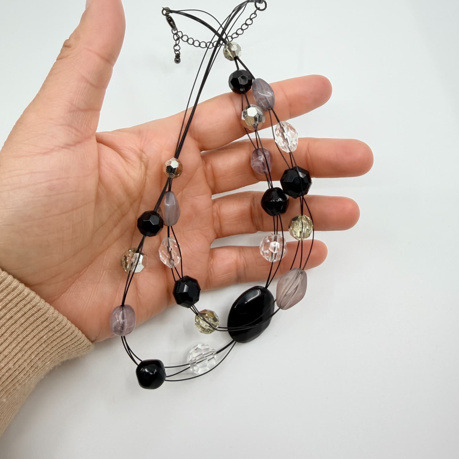 VTG Multi Strand Illusion Necklace Black Gray Clear Acrylic Bead Statement Y2K - Thumbnail 7
