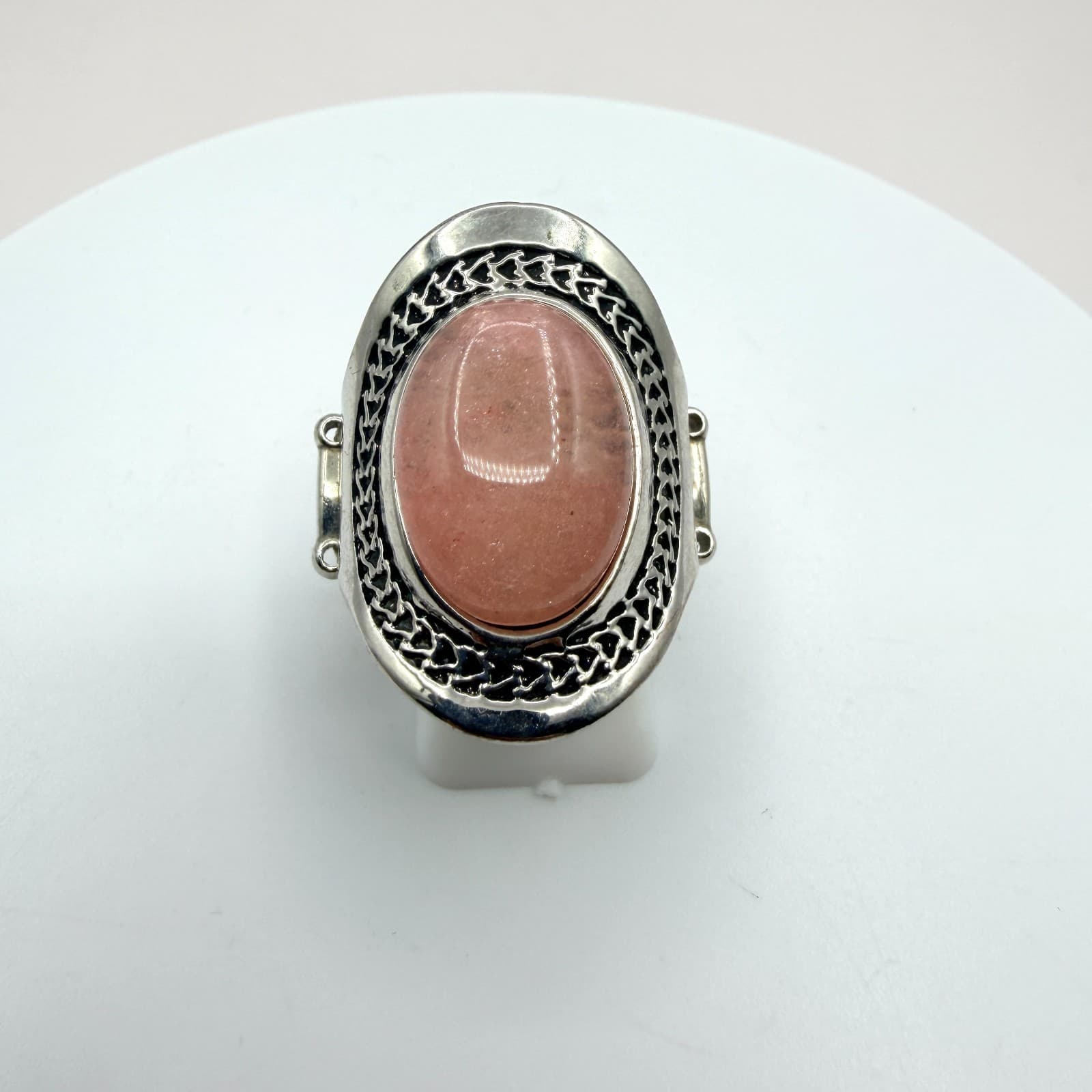 Vintage Silver Tone Pink Faux Stone Ring Statement Oval Cabochon Stretch Band - Thumbnail 2