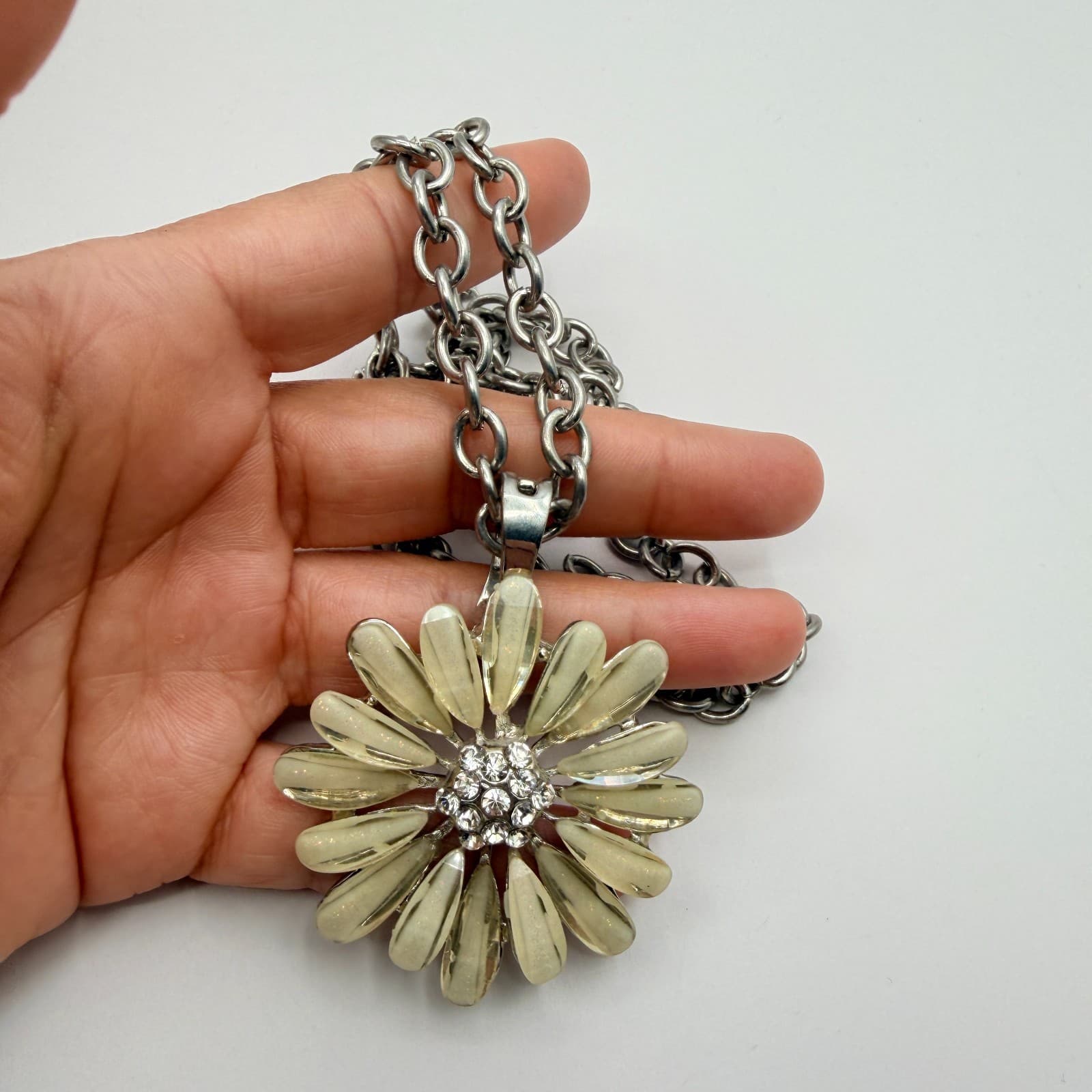 Vintage Yellow Daisy Flower Statement Pendant Necklace Enamel Rhinestone Silver - Thumbnail 7