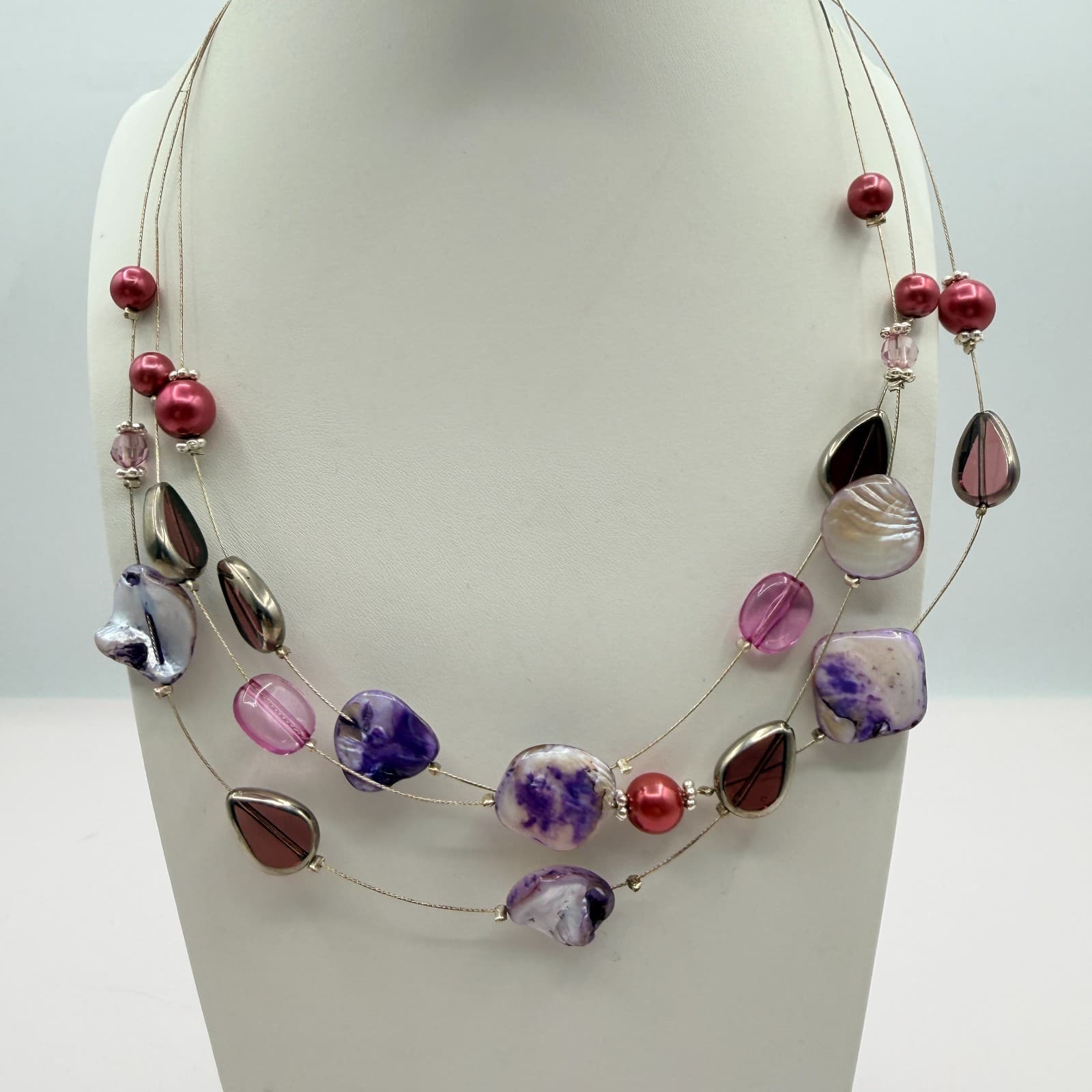 Vintage Purple Mother Of Pearl Shell Illusion Necklace Multi Strand Statement - Thumbnail 2