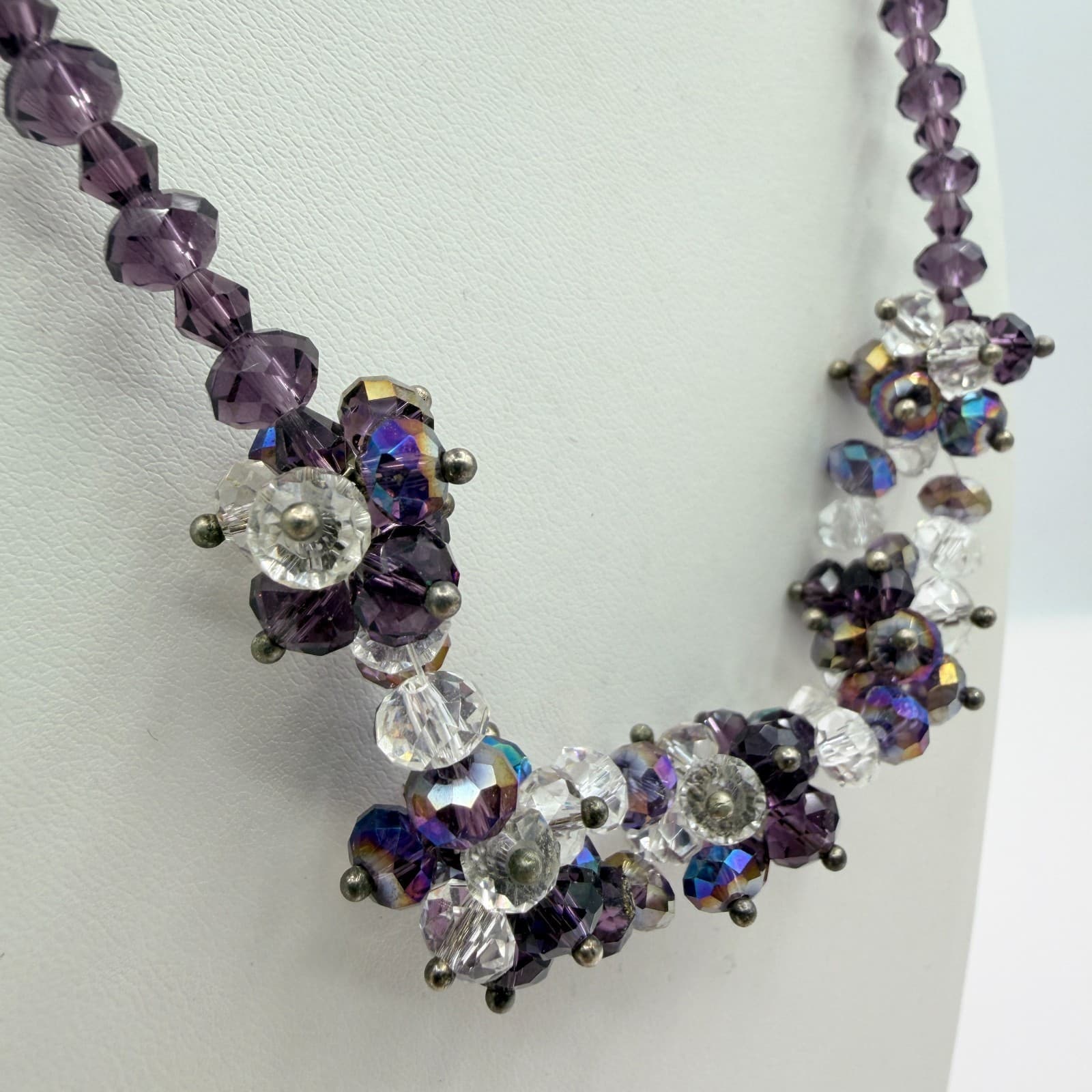 Vintage Purple Crystal Statement Necklace Faceted Cluster Bead Bib Silver Tone - Thumbnail 3
