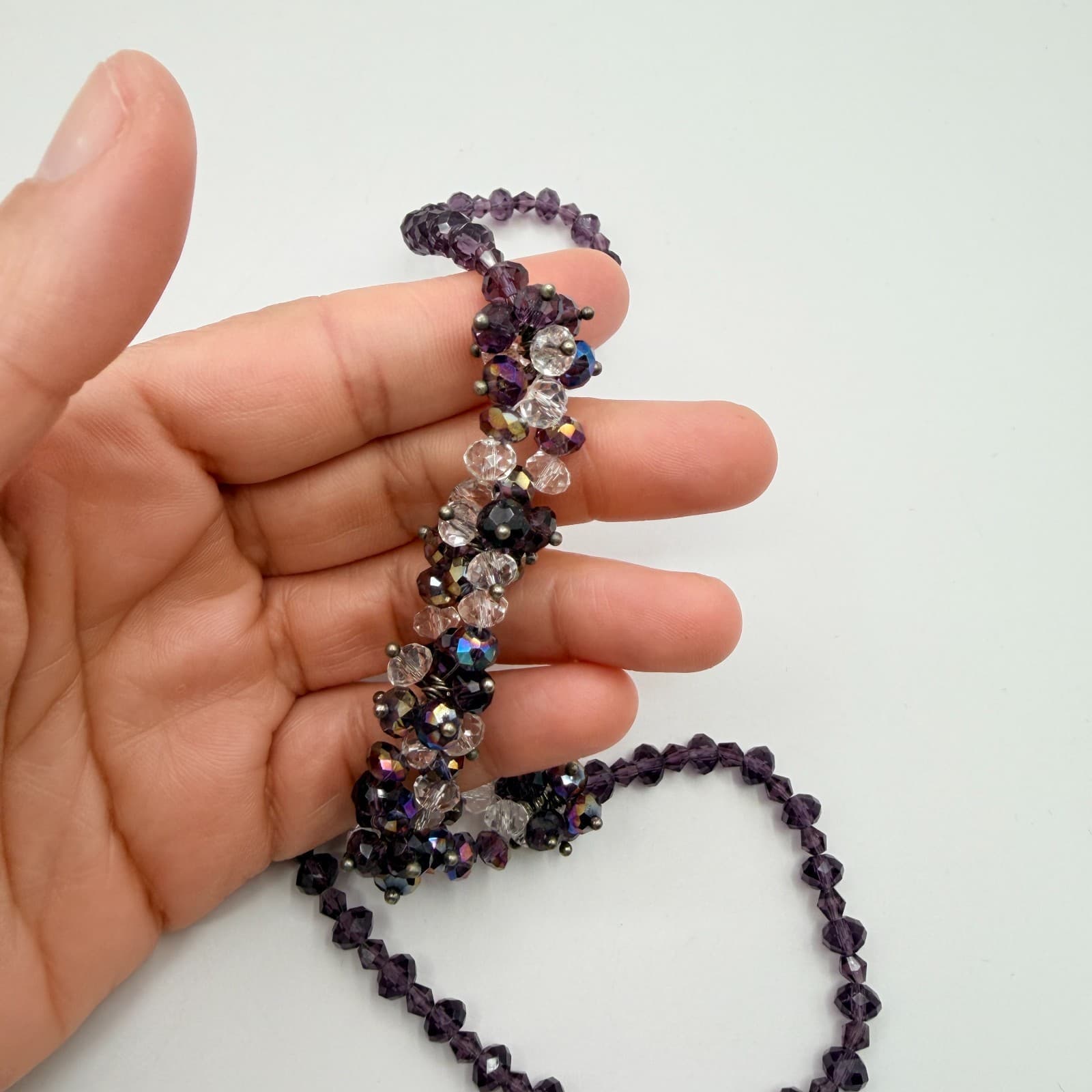 Vintage Purple Crystal Statement Necklace Faceted Cluster Bead Bib Silver Tone - Thumbnail 8