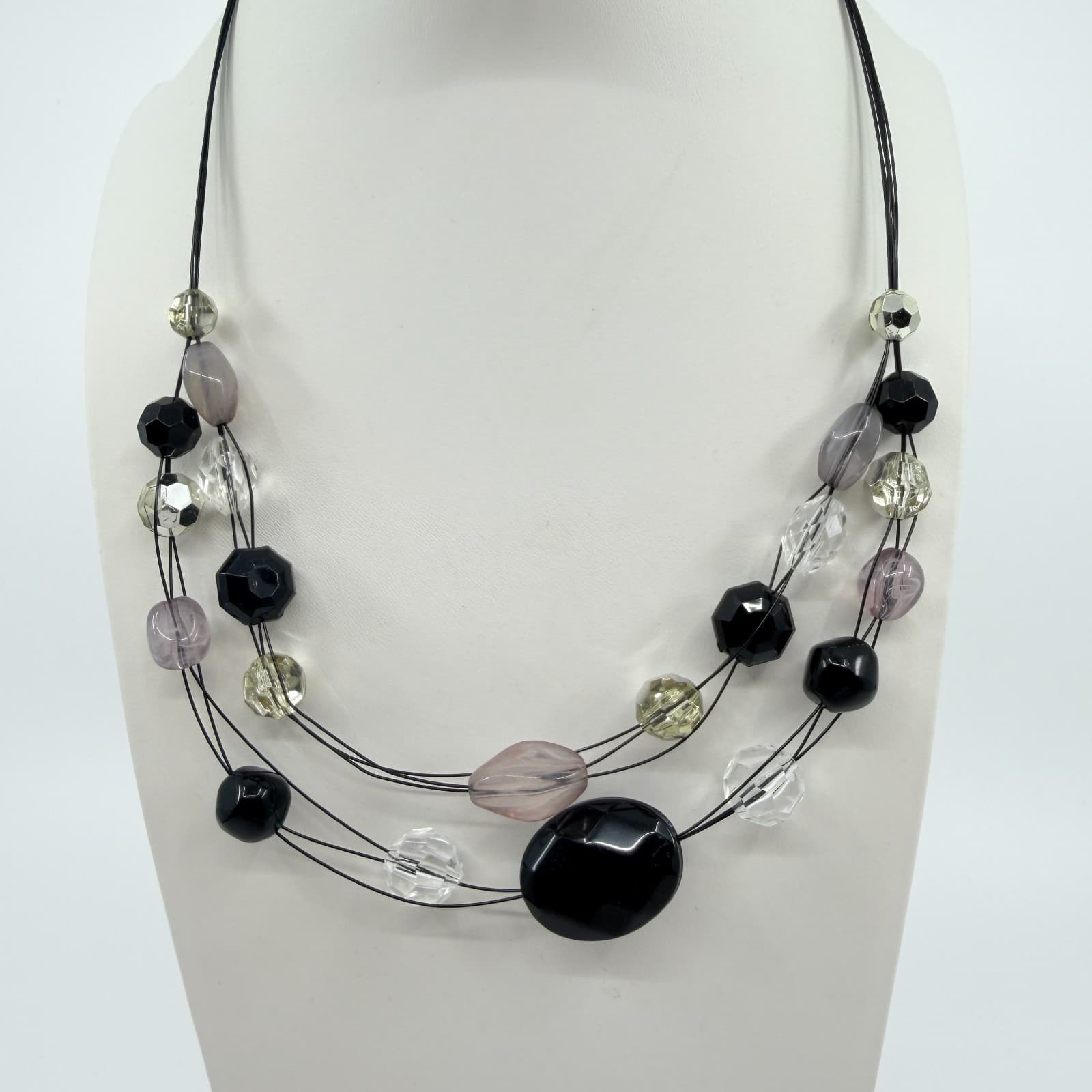 VTG Multi Strand Illusion Necklace Black Gray Clear Acrylic Bead Statement Y2K - Thumbnail 5