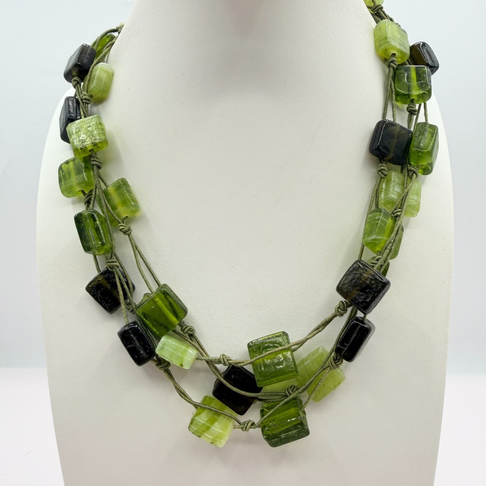 Vintage Green Glass Statement Necklace Multi Strand Knotted Cord Square Bead Y2K - Thumbnail 2