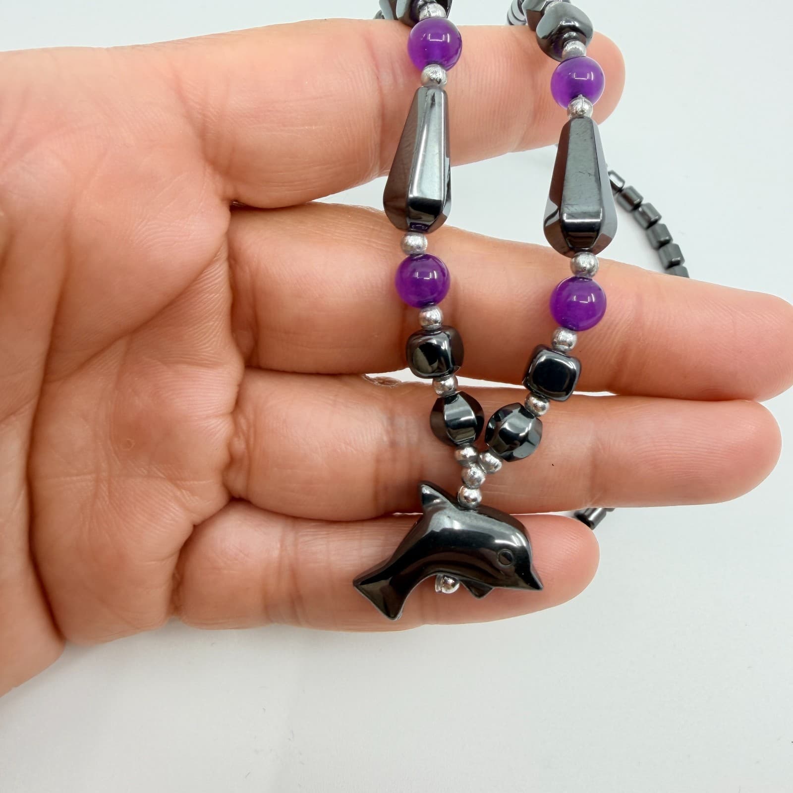 Vintage Hematite Dolphin Pendant Necklace Amethyst Purple Bead Silver Tone Y2K - Thumbnail 7