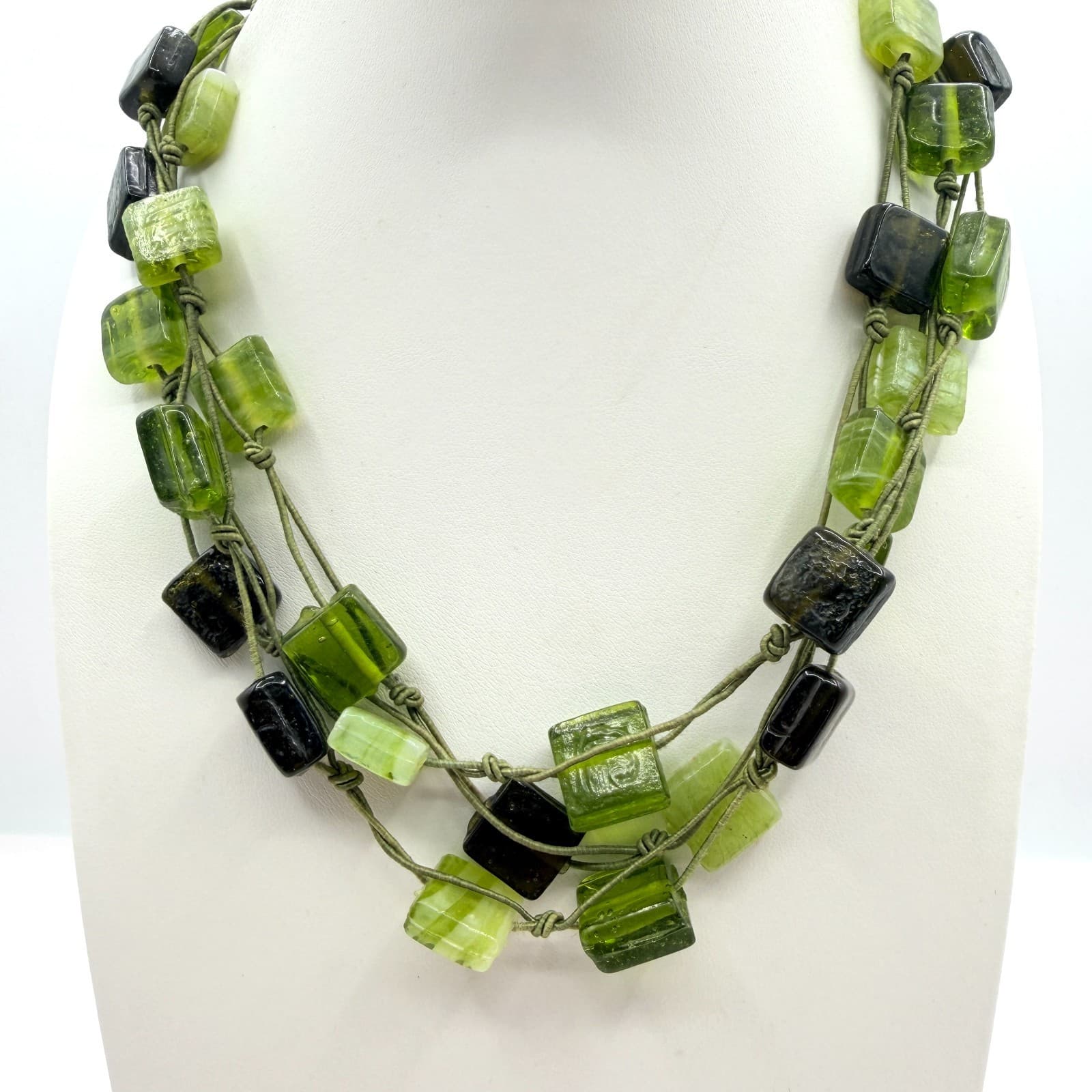 Vintage Green Glass Statement Necklace Multi Strand Knotted Cord Square Bead Y2K