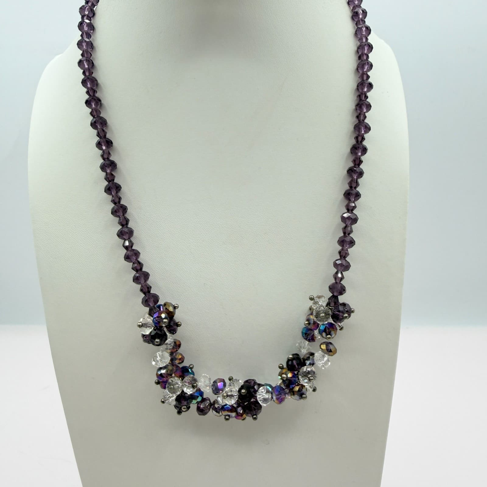 Vintage Purple Crystal Statement Necklace Faceted Cluster Bead Bib Silver Tone - Thumbnail 6