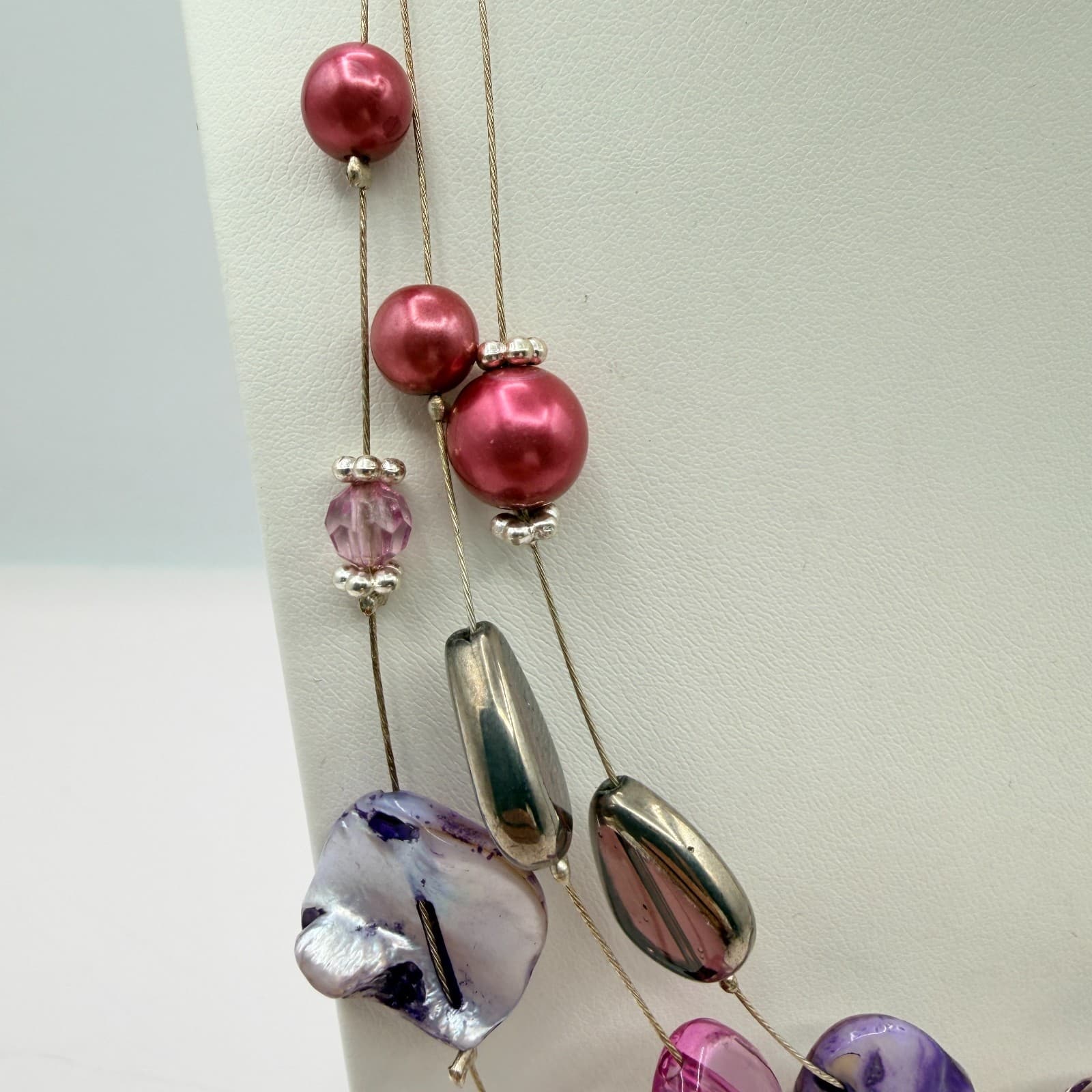 Vintage Purple Mother Of Pearl Shell Illusion Necklace Multi Strand Statement - Thumbnail 3