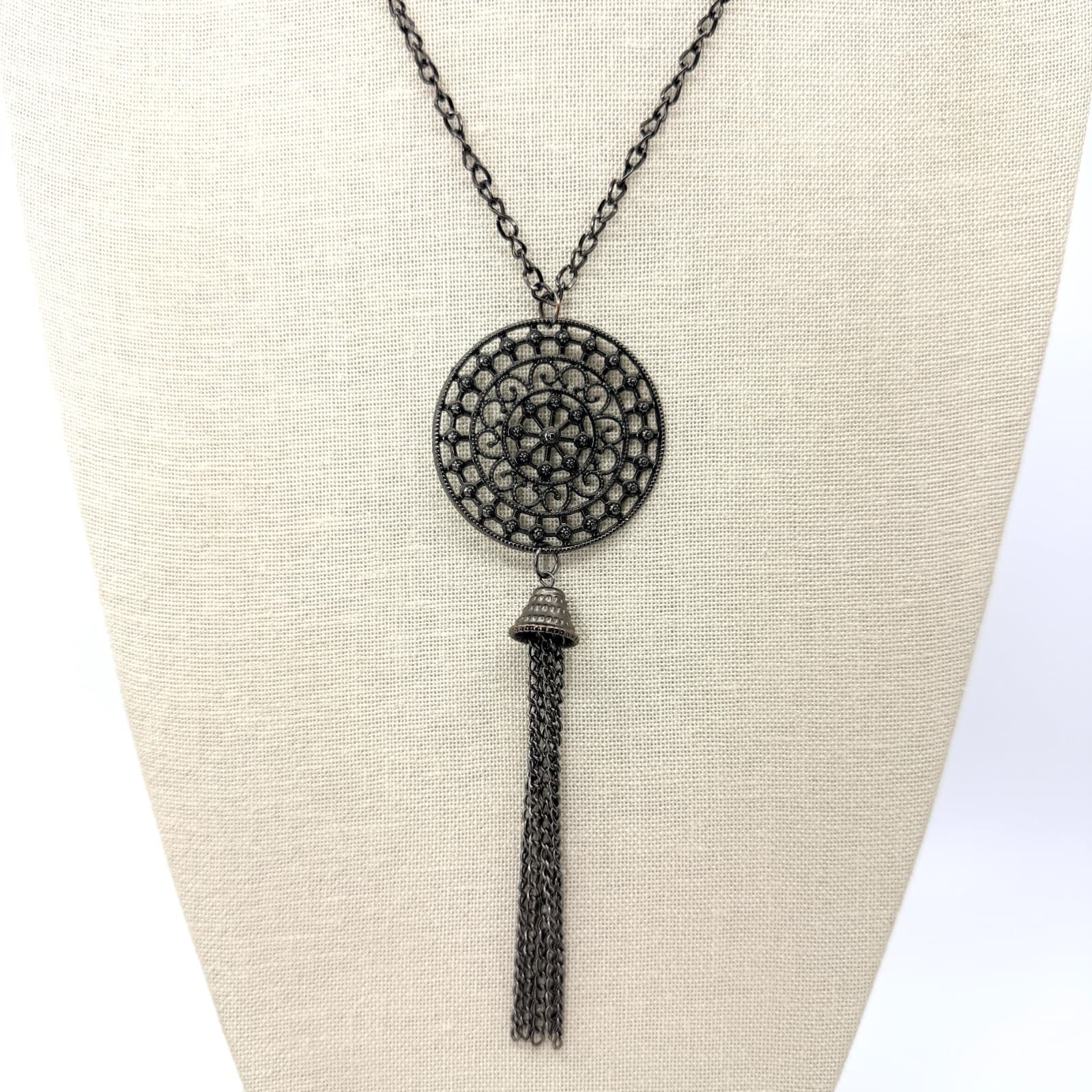 Vintage Gunmetal Gray Openwork Filigree Medallion Tassel Pendant Necklace Long