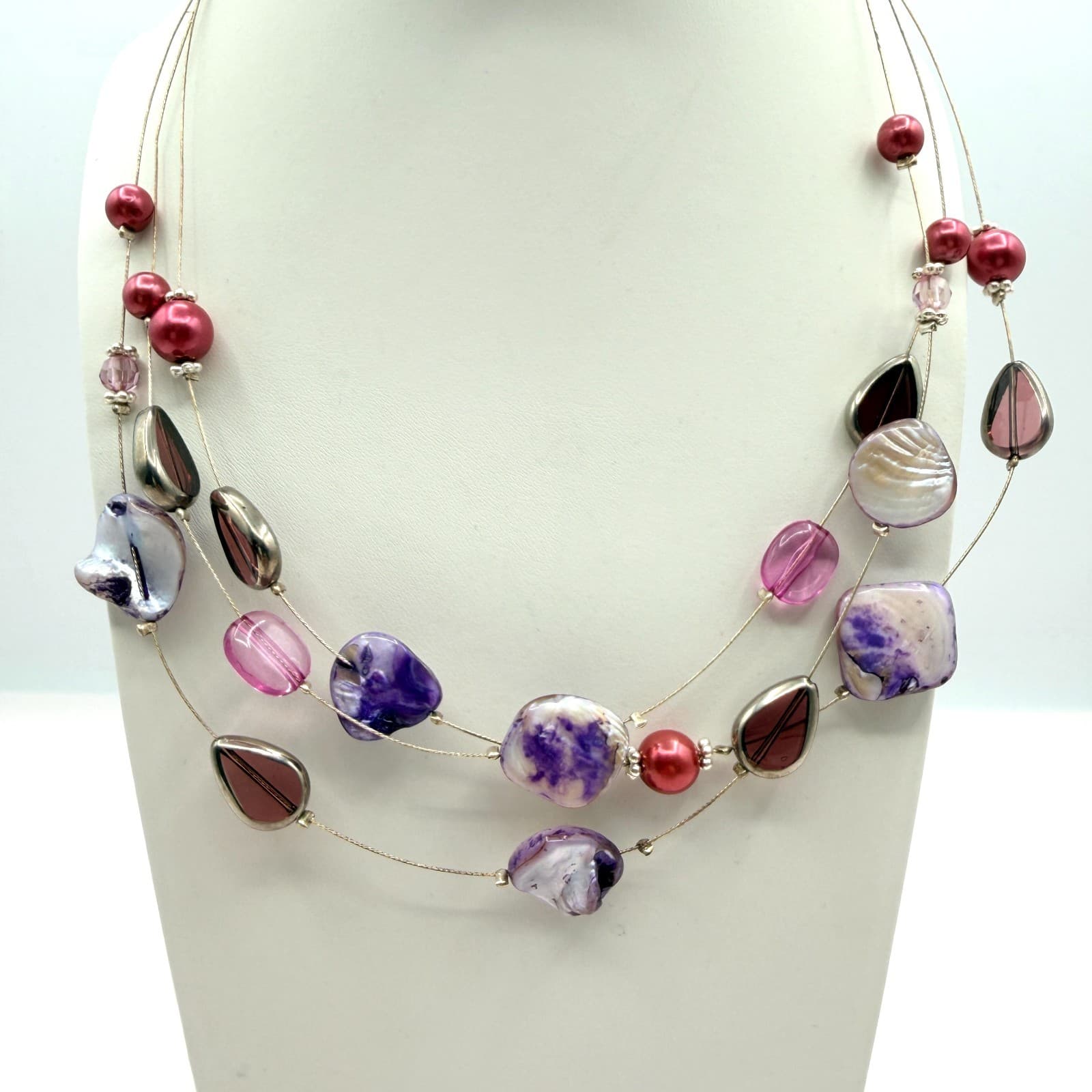 Vintage Purple Mother Of Pearl Shell Illusion Necklace Multi Strand Statement