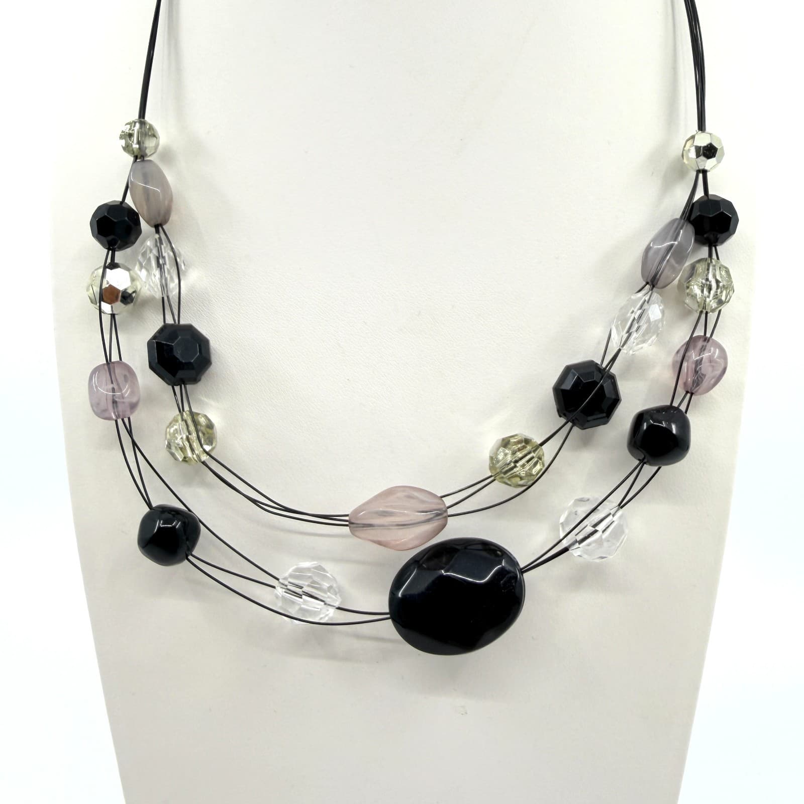 VTG Multi Strand Illusion Necklace Black Gray Clear Acrylic Bead Statement Y2K