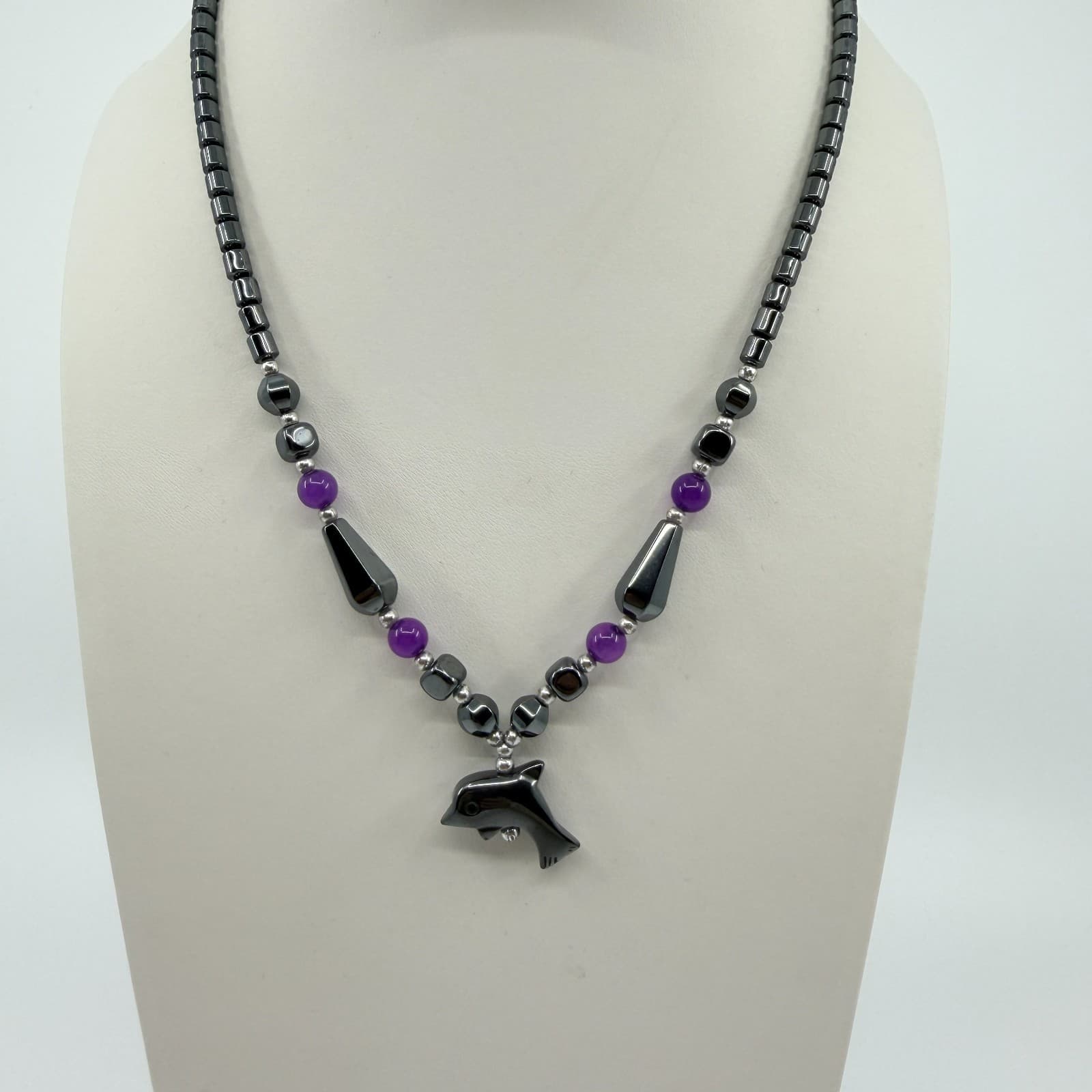 Vintage Hematite Dolphin Pendant Necklace Amethyst Purple Bead Silver Tone Y2K - Thumbnail 2