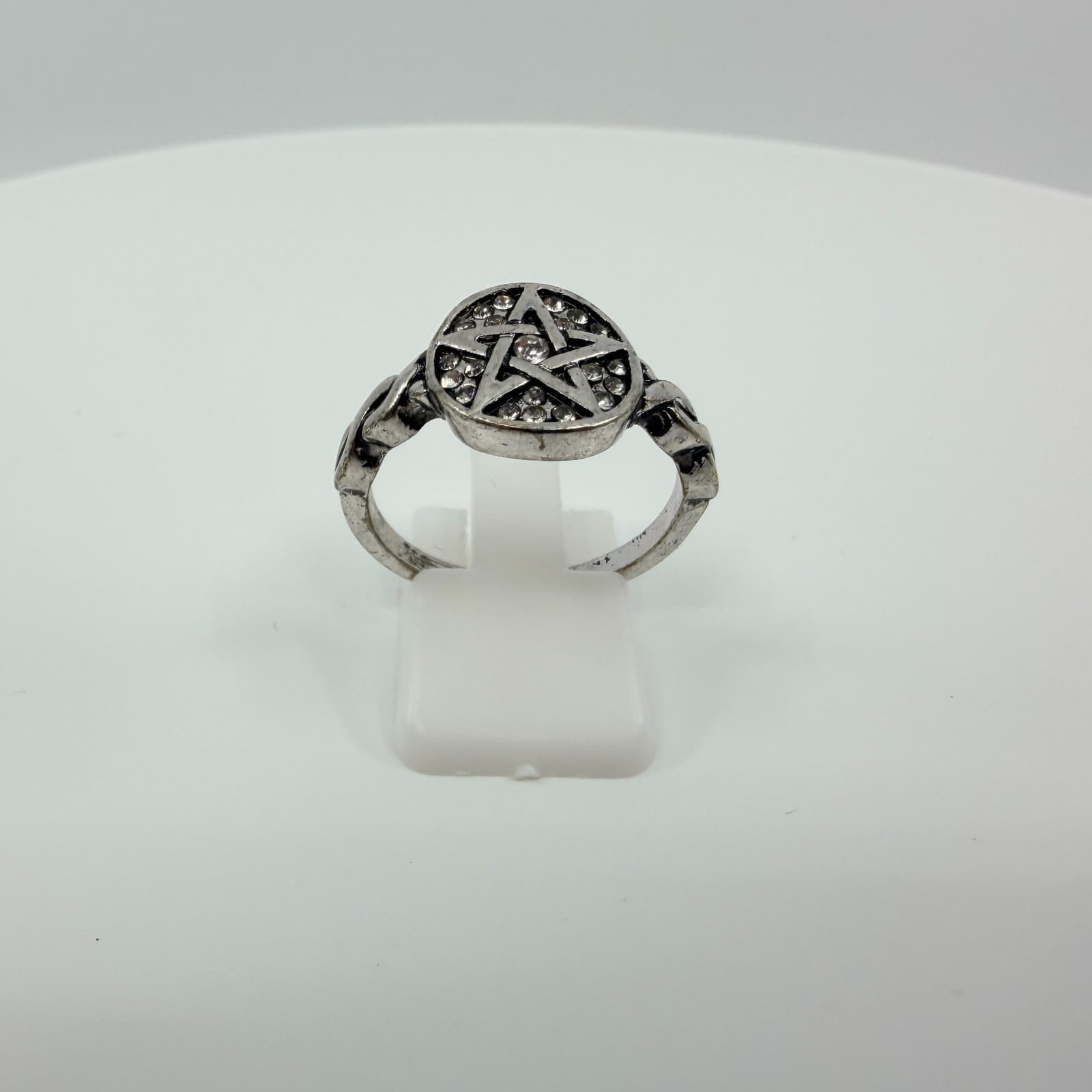VTG Silver Tone Rhinestone Pentagram Ring Pagan Wiccan Wicca Gothic Statement - Thumbnail 3