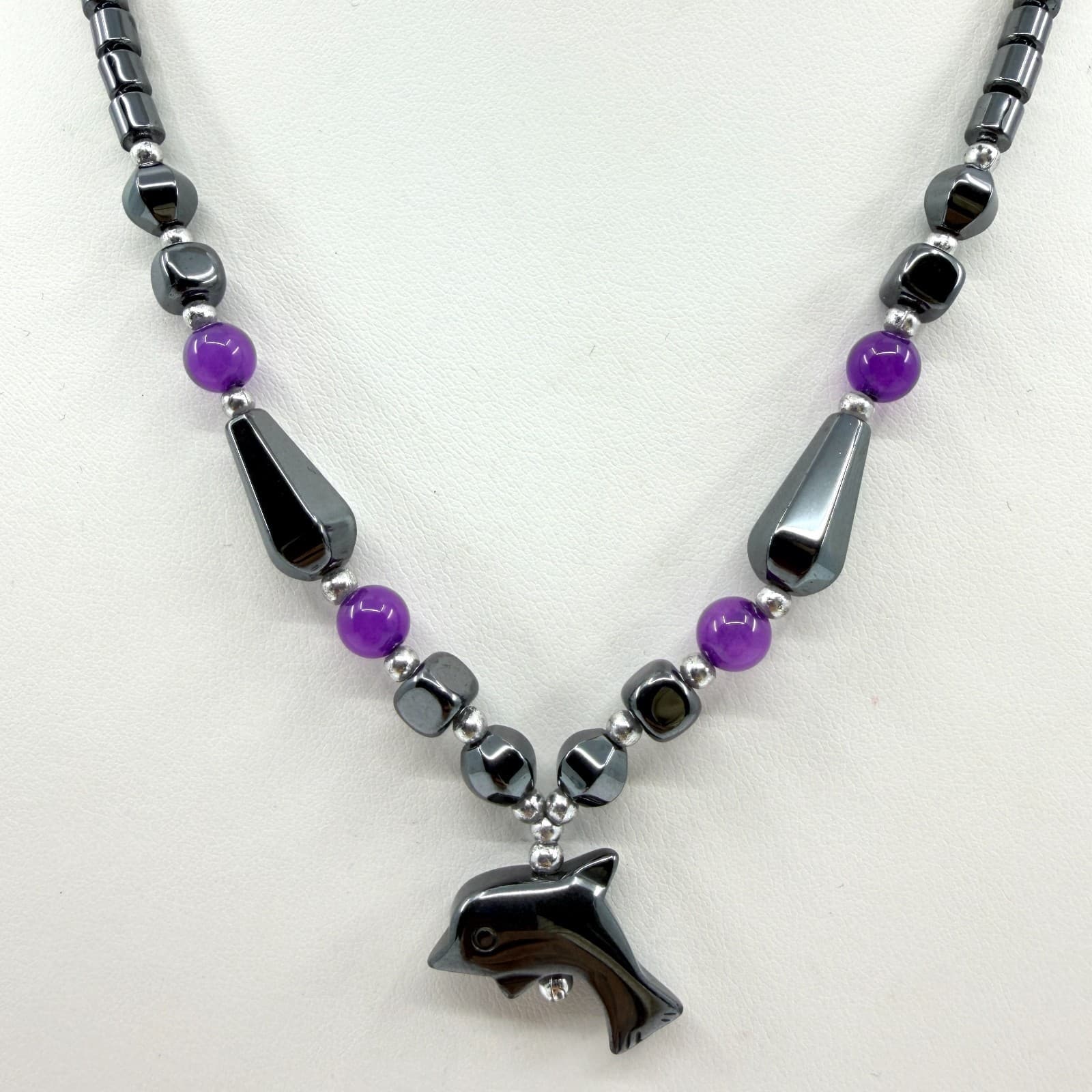 Vintage Hematite Dolphin Pendant Necklace Amethyst Purple Bead Silver Tone Y2K