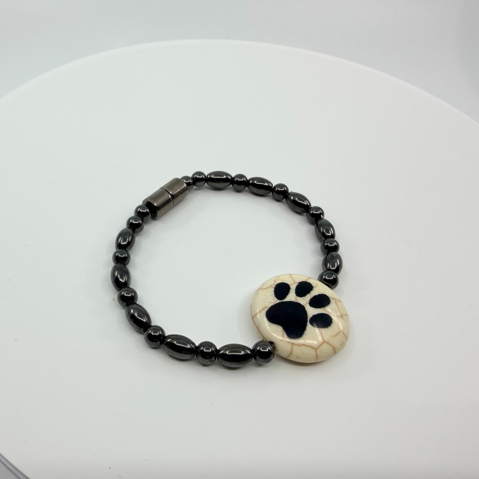 Vintage Gunmetal Tone Hematite Color Beaded Bracelet Paw Print Chunky Statement - Thumbnail 3