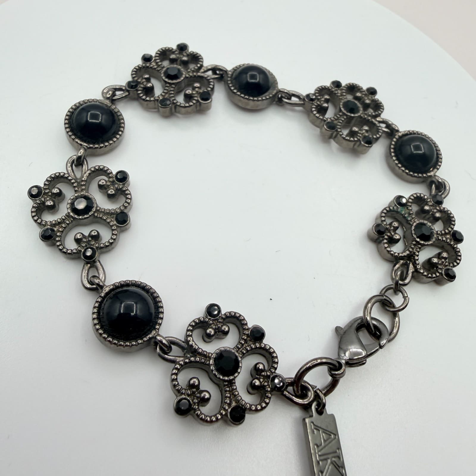 Anne Klein Gunmetal Tone Filigree Link Bracelet Black Faux Onyx Rhinestone AK - Thumbnail 3