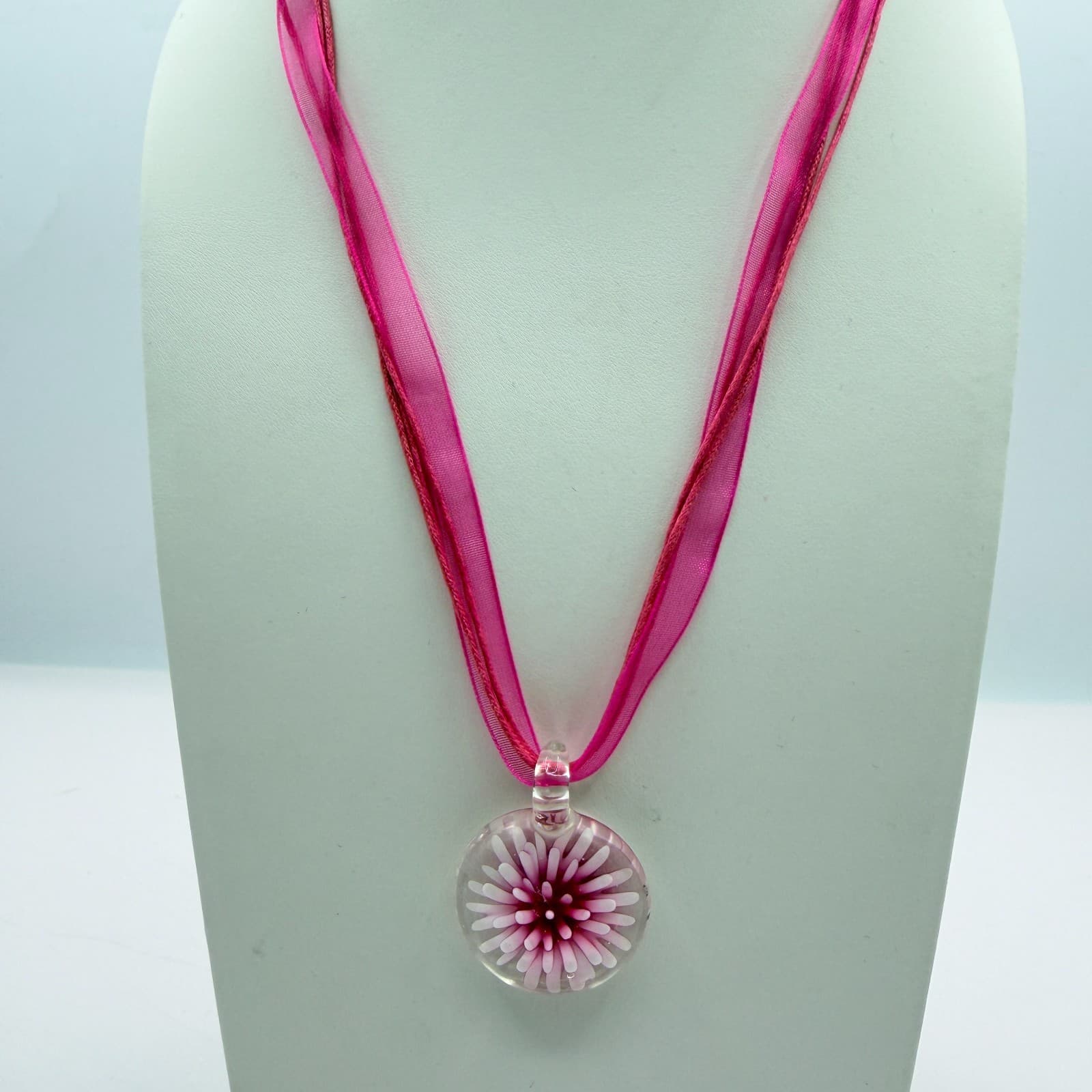 Vintage Pink Art Glass Flower Pendant Necklace Murano Style Ribbon Cord Y2K Boho - Thumbnail 3