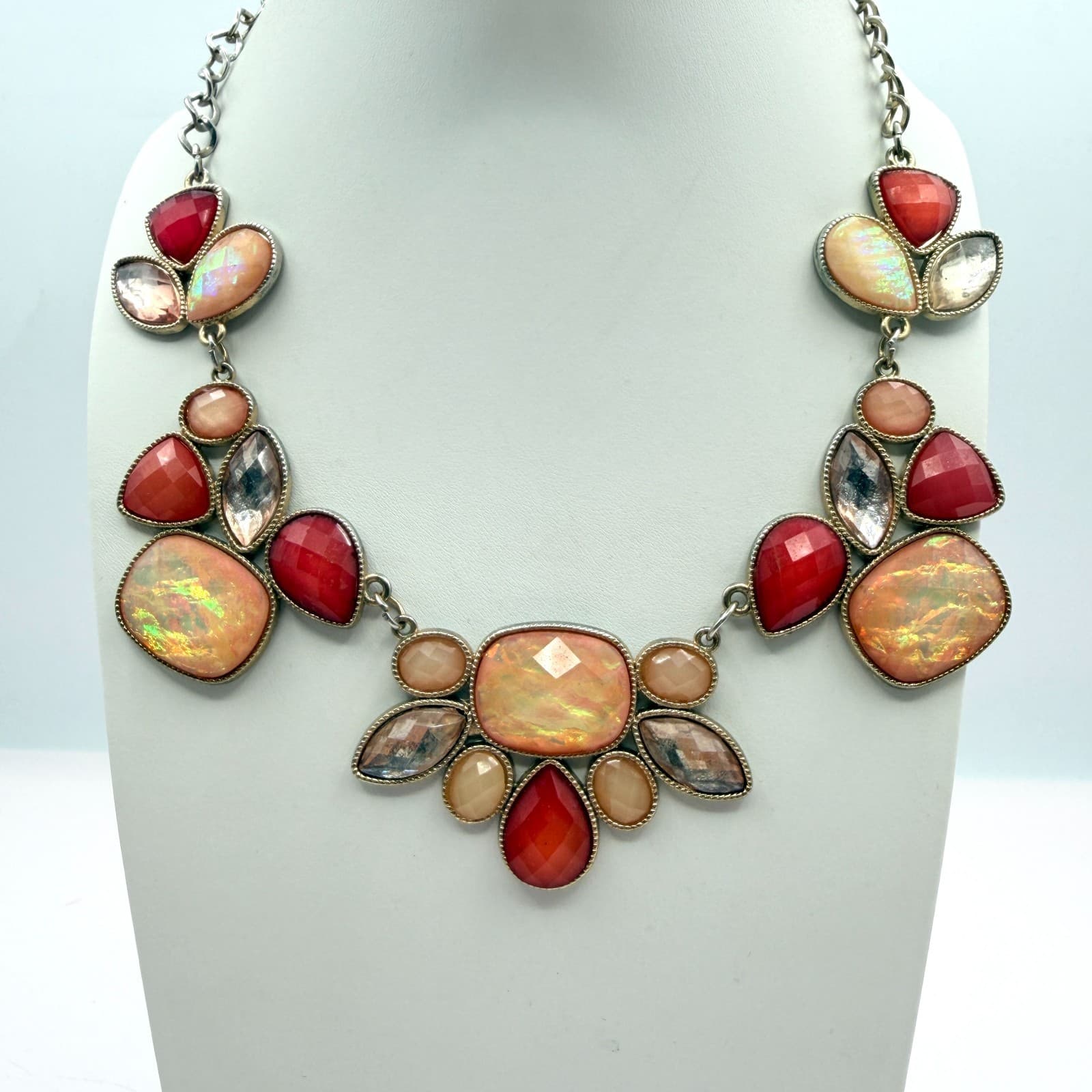 Vintage Peach Faux Opal Statement Necklace Red Stone Cluster Bib Silver Tone Y2K