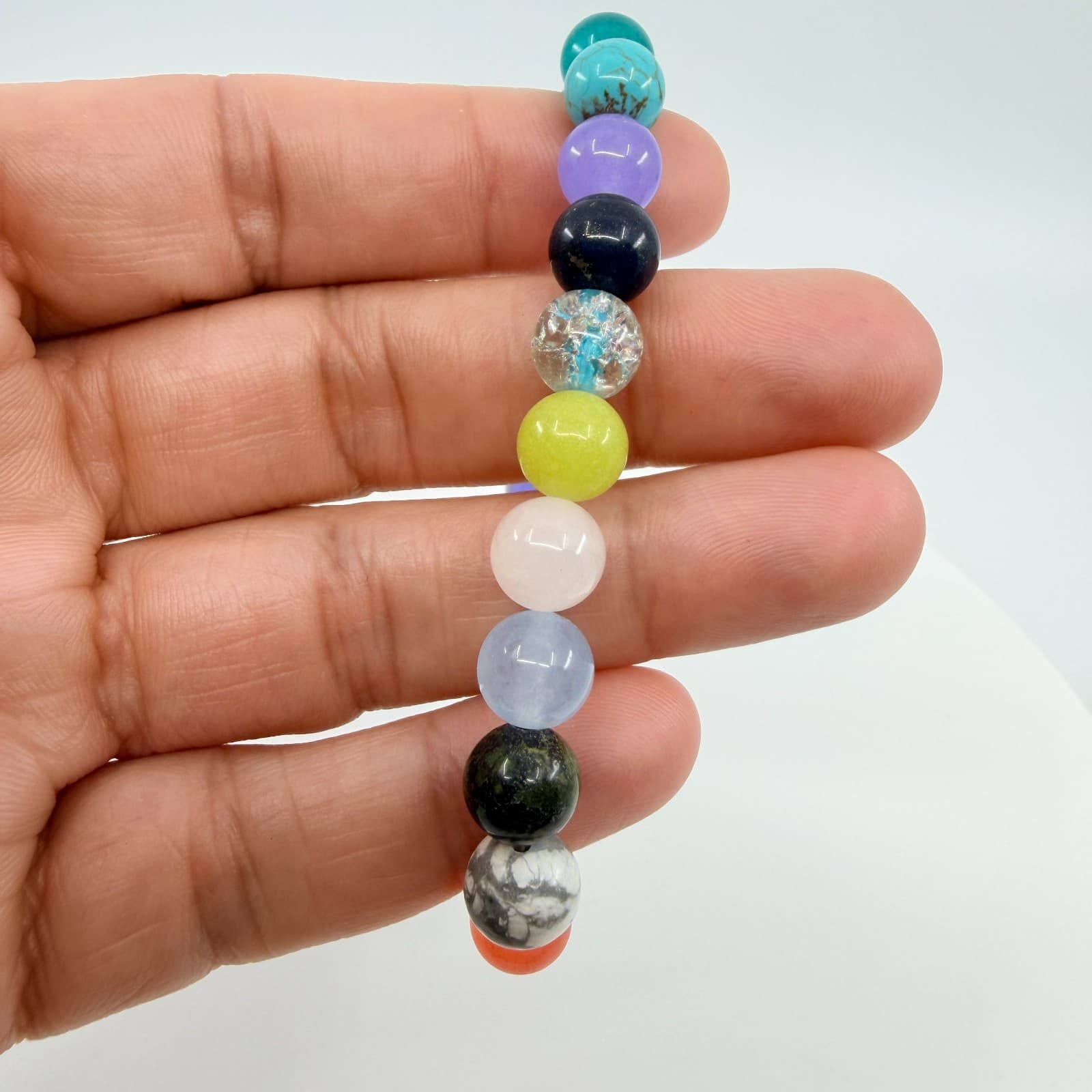 Chakra Bracelet Turquoise Howlite Quartz Bead Stretch Strand Rainbow Statement - Thumbnail 7