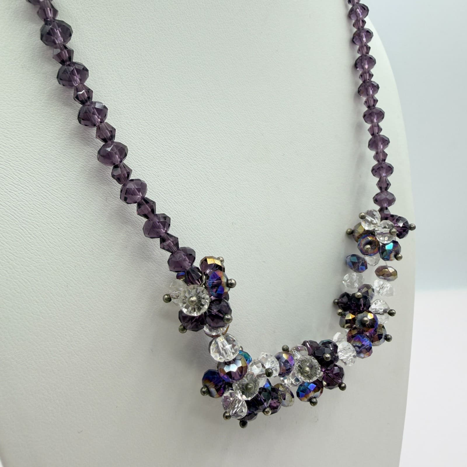 Vintage Purple Crystal Statement Necklace Faceted Cluster Bead Bib Silver Tone - Thumbnail 4