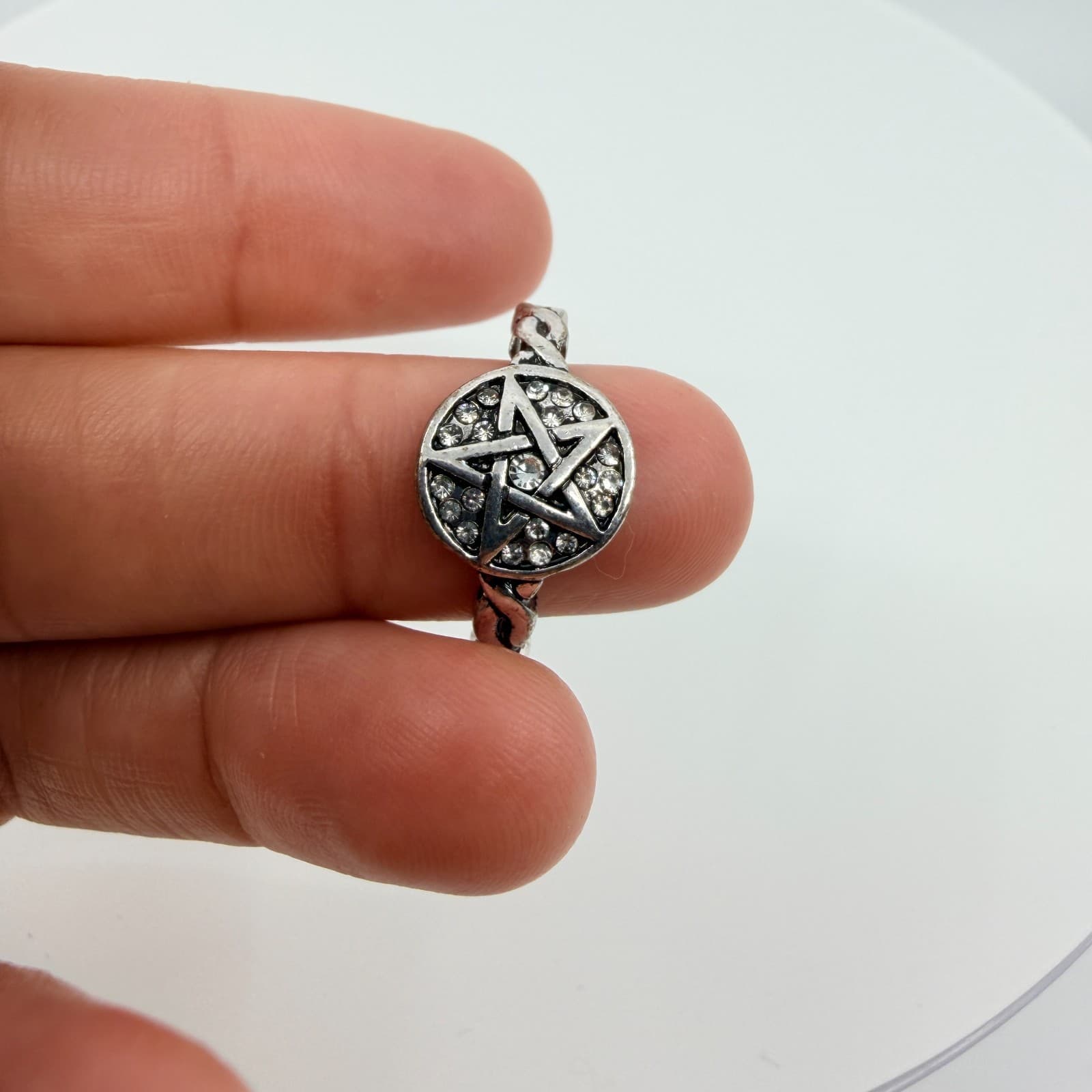 VTG Silver Tone Rhinestone Pentagram Ring Pagan Wiccan Wicca Gothic Statement - Thumbnail 8