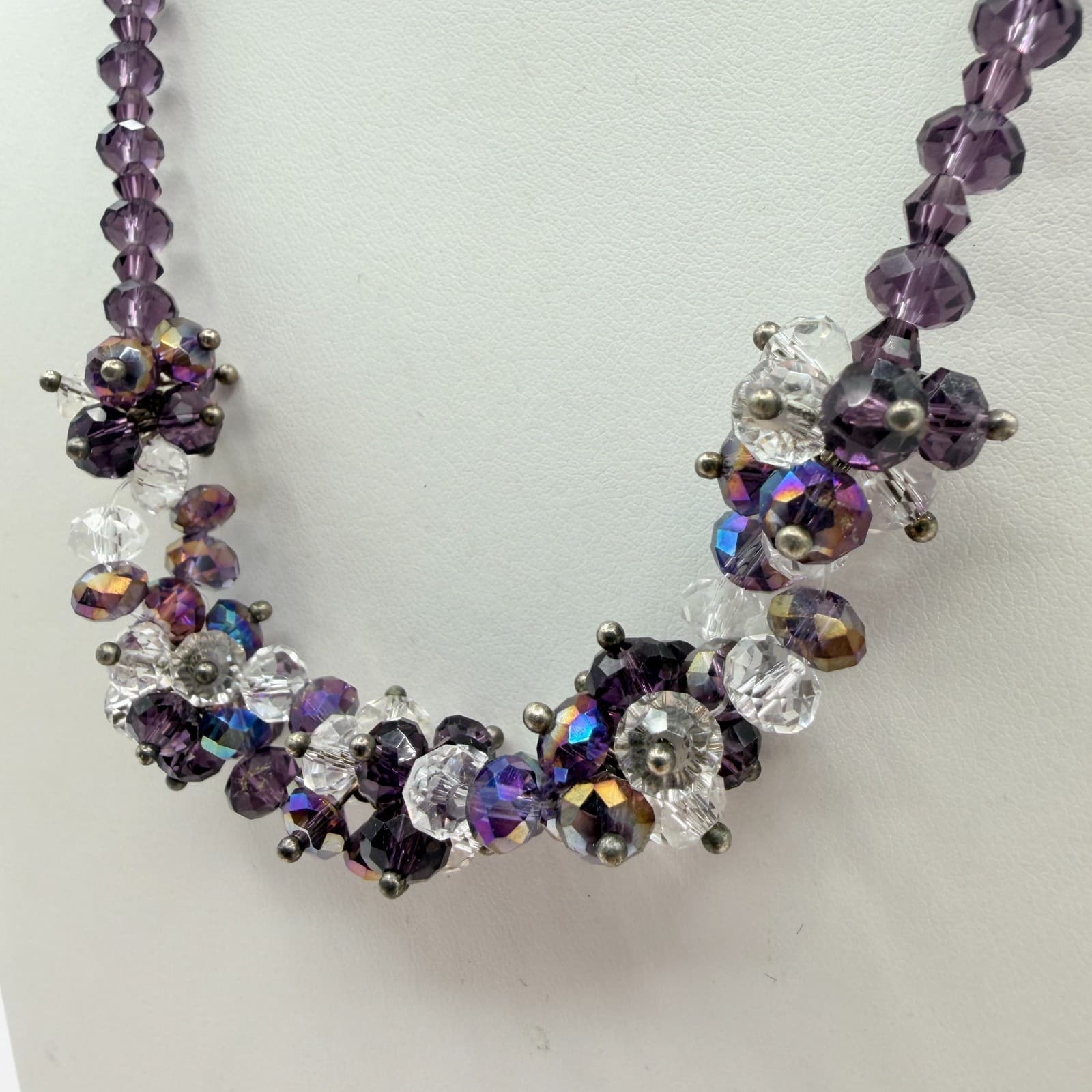 Vintage Purple Crystal Statement Necklace Faceted Cluster Bead Bib Silver Tone - Thumbnail 5