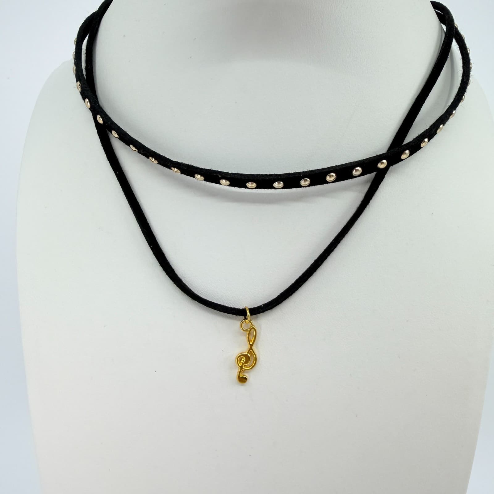 Vintage Black Choker Necklace Layered Double Strand Suede Studded Treble Clef - Thumbnail 2