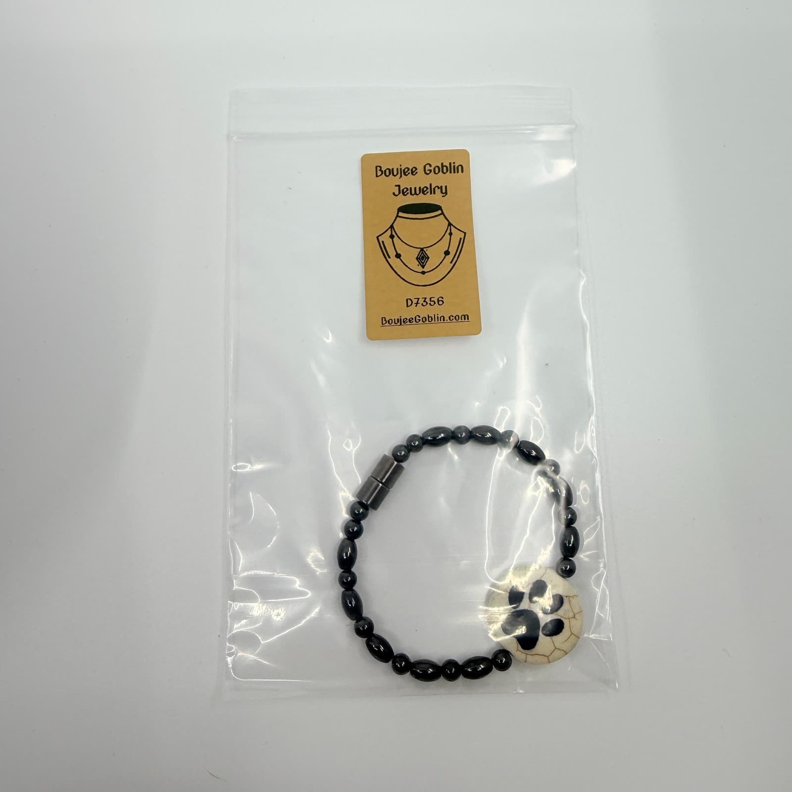 Vintage Gunmetal Tone Hematite Color Beaded Bracelet Paw Print Chunky Statement - Thumbnail 8