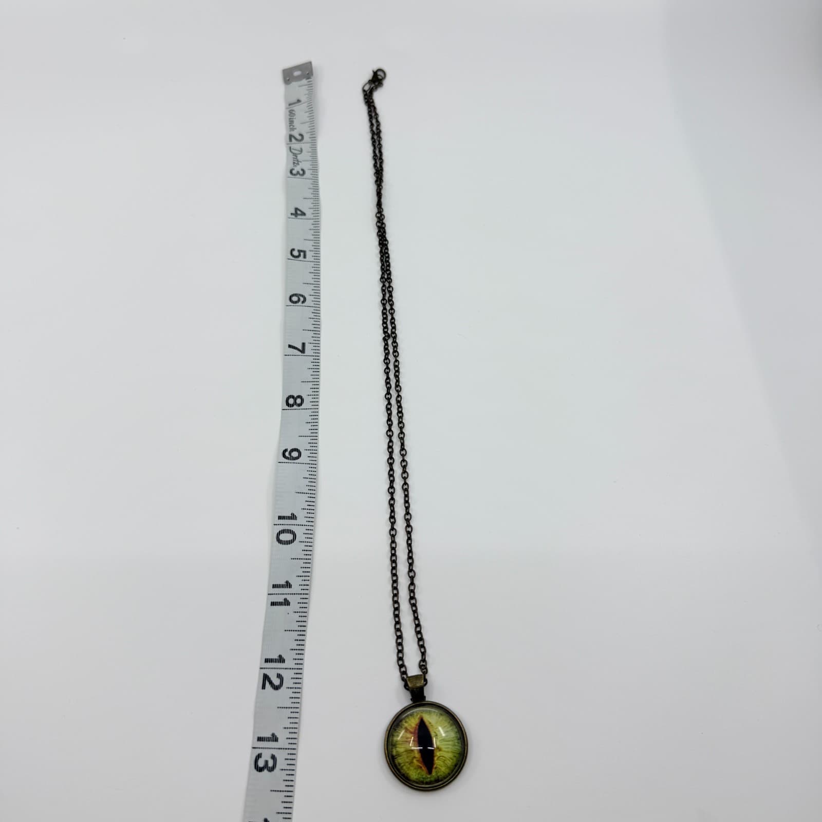 Vintage Dragon Eye Pendant Necklace Green Yellow Cat Glass Cabochon Bronze Tone - Thumbnail 8