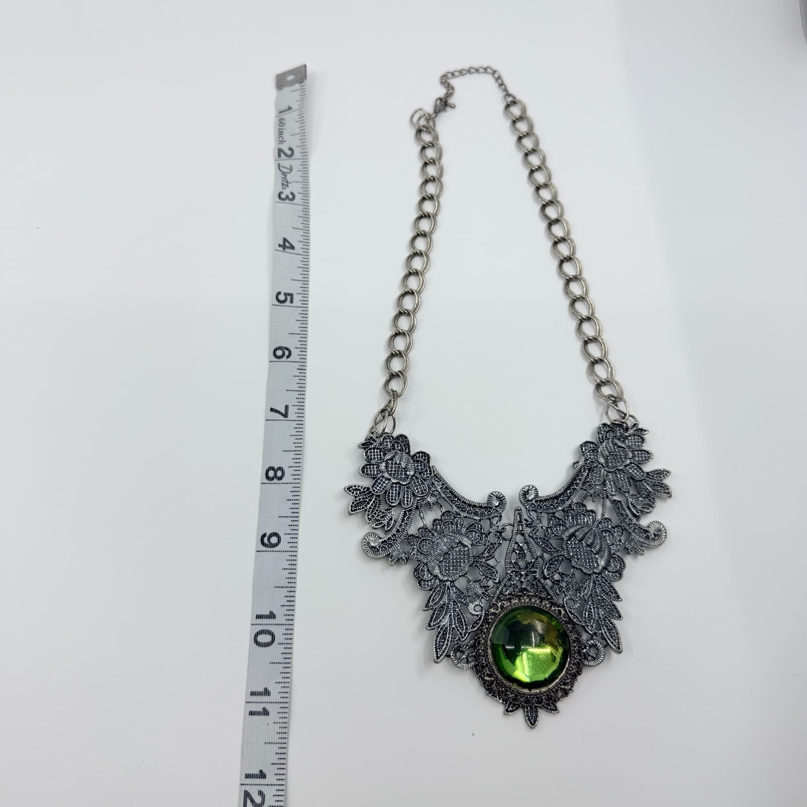 Vtg Silver Tone Black Lace Bib Necklace Green Crystal Style Cabochon Statement - Thumbnail 10