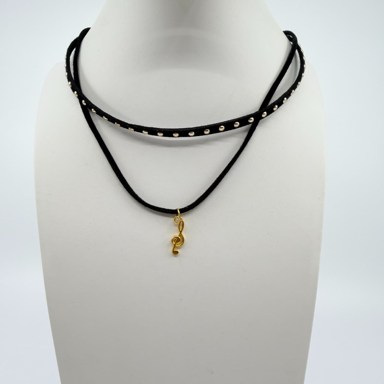 Vintage Black Choker Necklace Layered Double Strand Suede Studded Treble Clef - Thumbnail 6