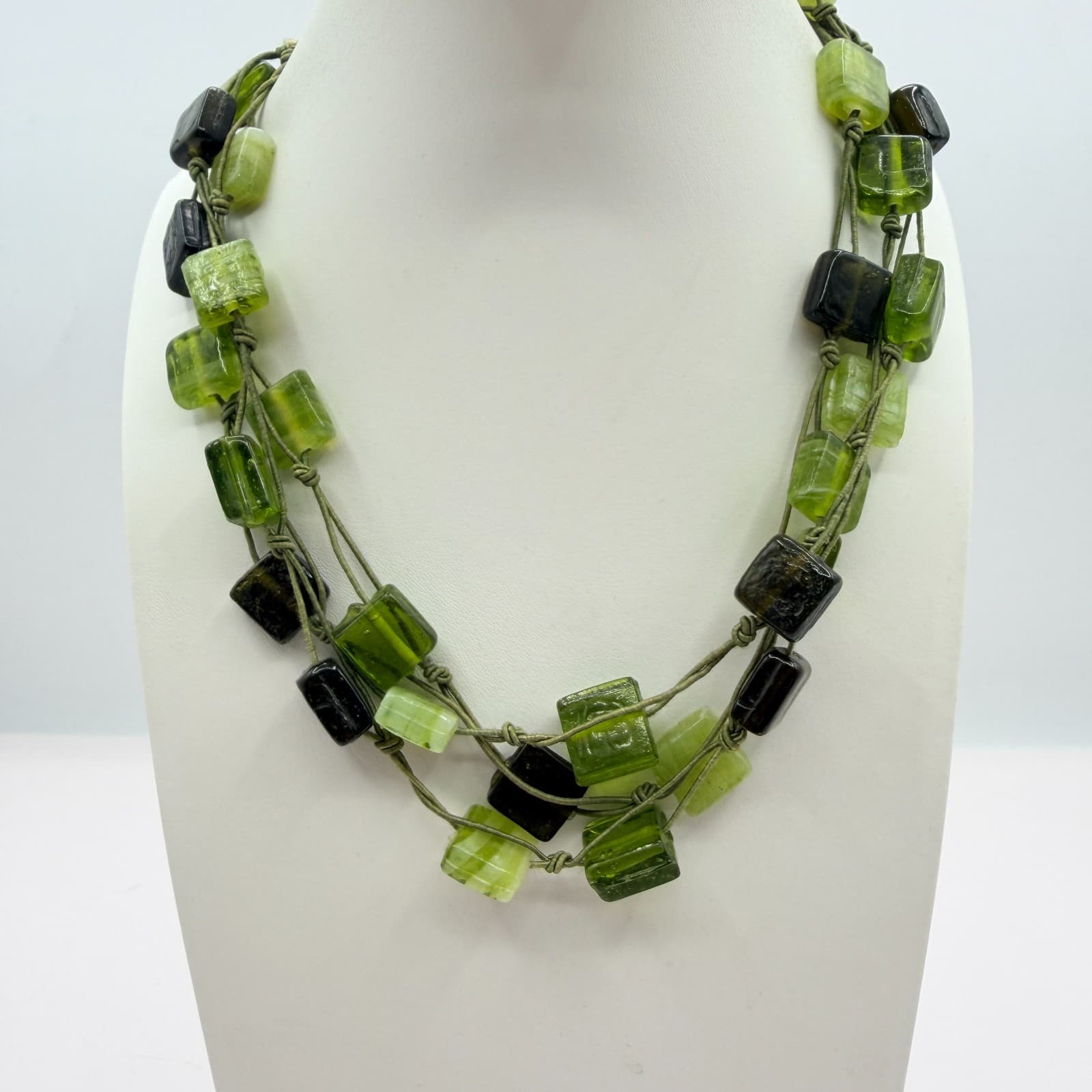 Vintage Green Glass Statement Necklace Multi Strand Knotted Cord Square Bead Y2K - Thumbnail 7