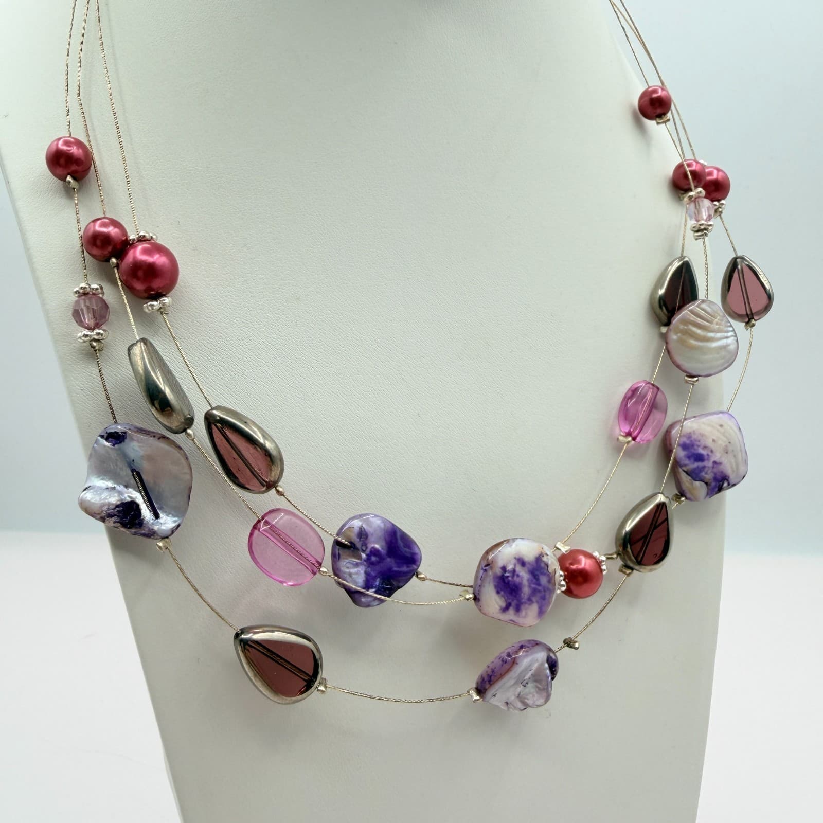 Vintage Purple Mother Of Pearl Shell Illusion Necklace Multi Strand Statement - Thumbnail 5