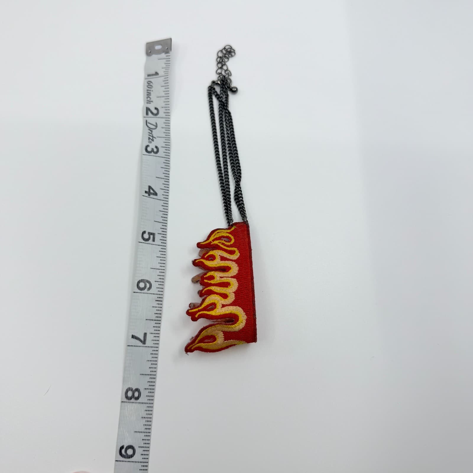 Vintage Flame Choker Necklace Embroidered Fabric Patch Fire Red Gunmetal Y2K 90s - Thumbnail 8