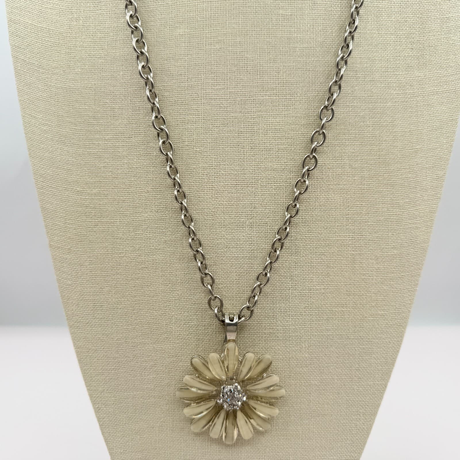 Vintage Yellow Daisy Flower Statement Pendant Necklace Enamel Rhinestone Silver - Thumbnail 5
