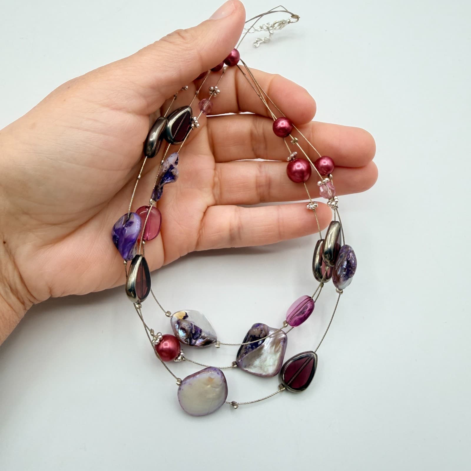 Vintage Purple Mother Of Pearl Shell Illusion Necklace Multi Strand Statement - Thumbnail 9