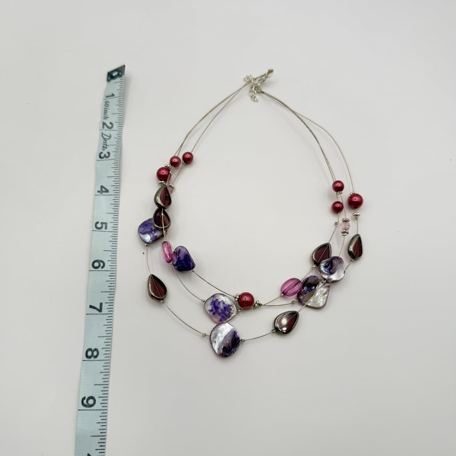 Vintage Purple Mother Of Pearl Shell Illusion Necklace Multi Strand Statement - Thumbnail 10