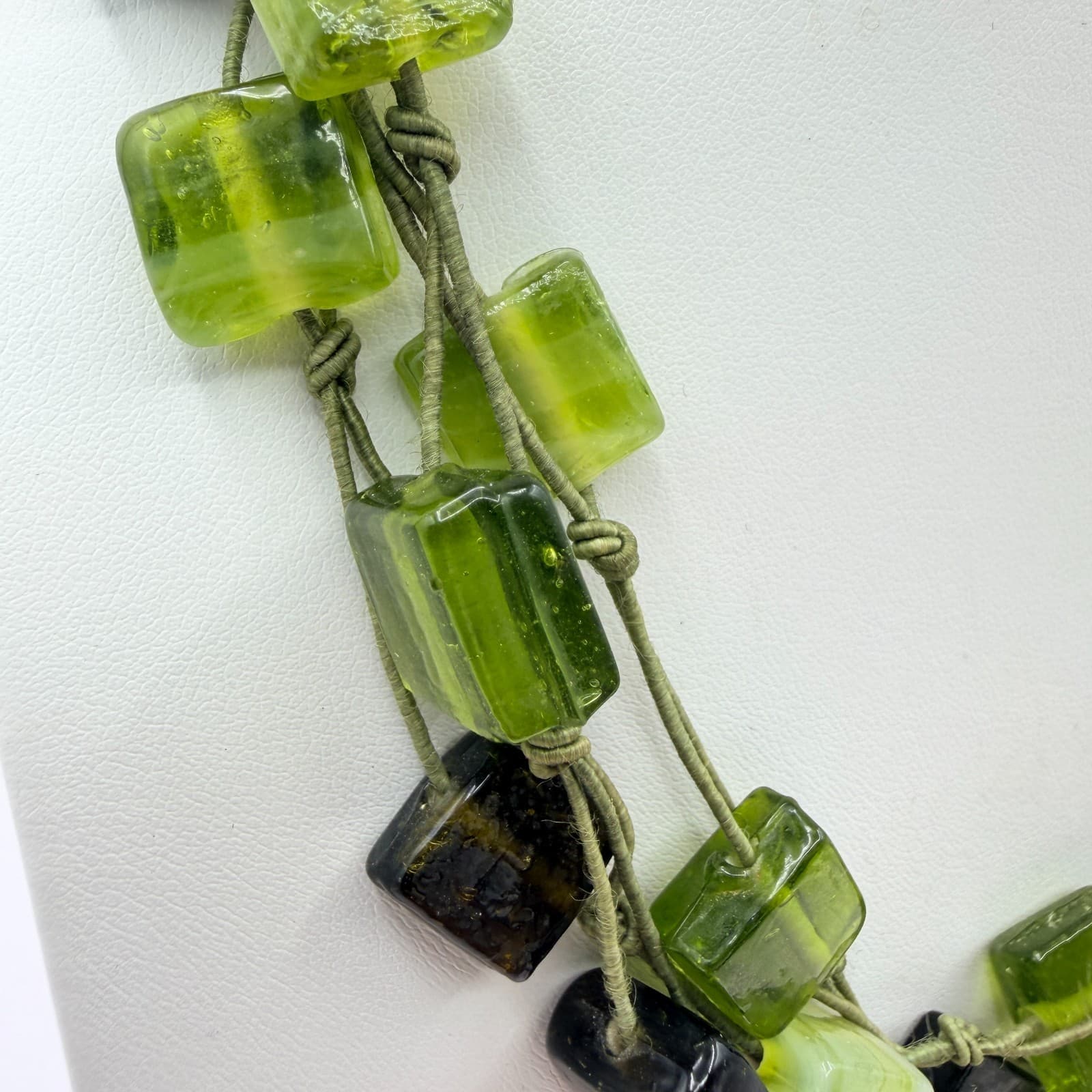 Vintage Green Glass Statement Necklace Multi Strand Knotted Cord Square Bead Y2K - Thumbnail 4