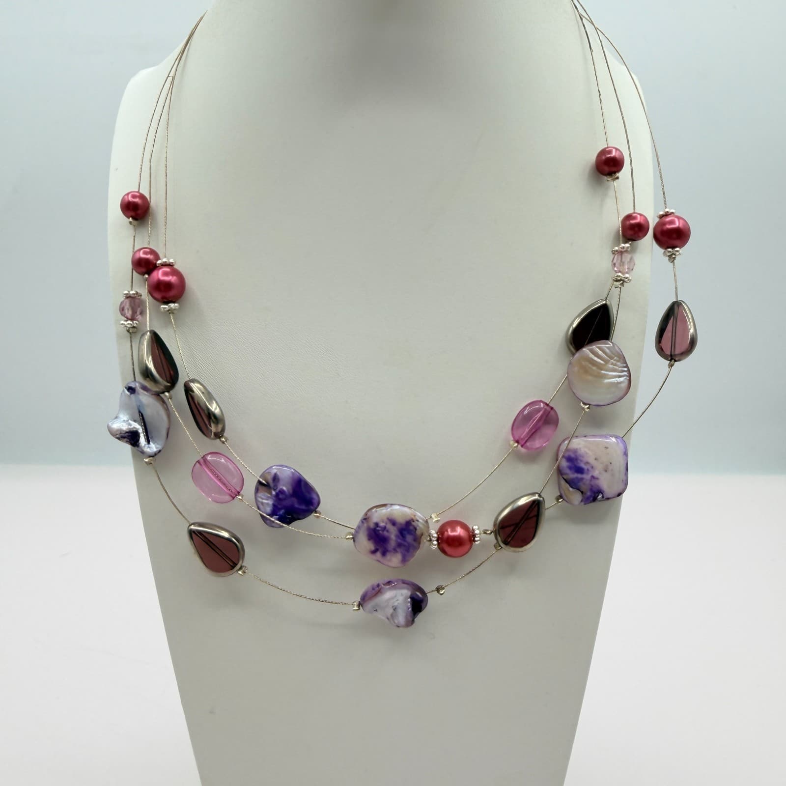 Vintage Purple Mother Of Pearl Shell Illusion Necklace Multi Strand Statement - Thumbnail 7
