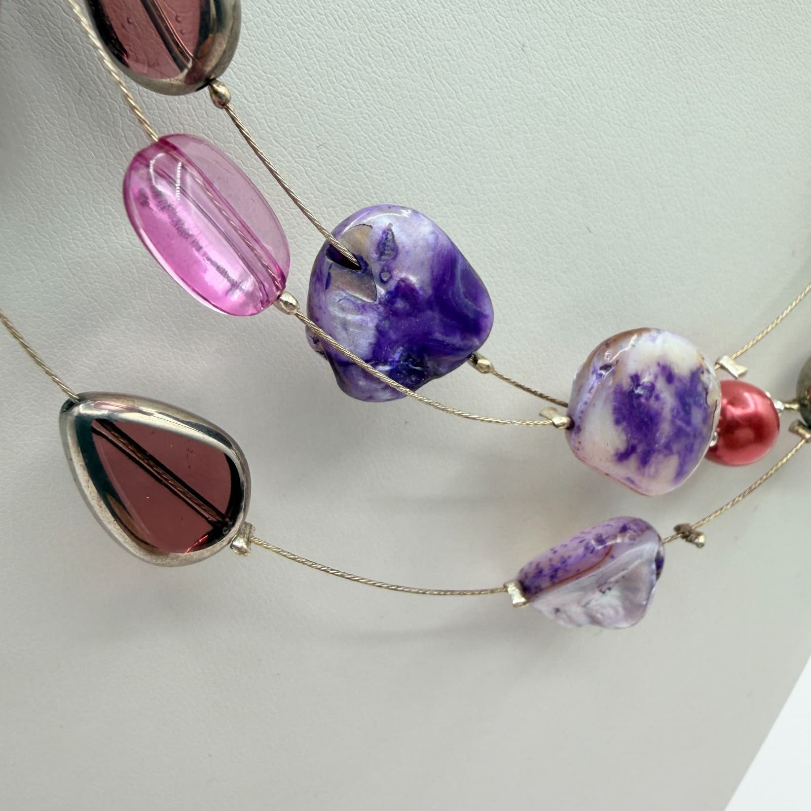 Vintage Purple Mother Of Pearl Shell Illusion Necklace Multi Strand Statement - Thumbnail 4