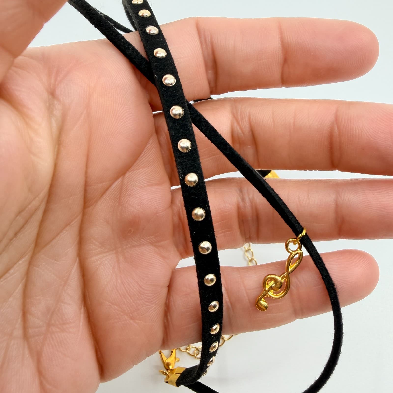 Vintage Black Choker Necklace Layered Double Strand Suede Studded Treble Clef - Thumbnail 8