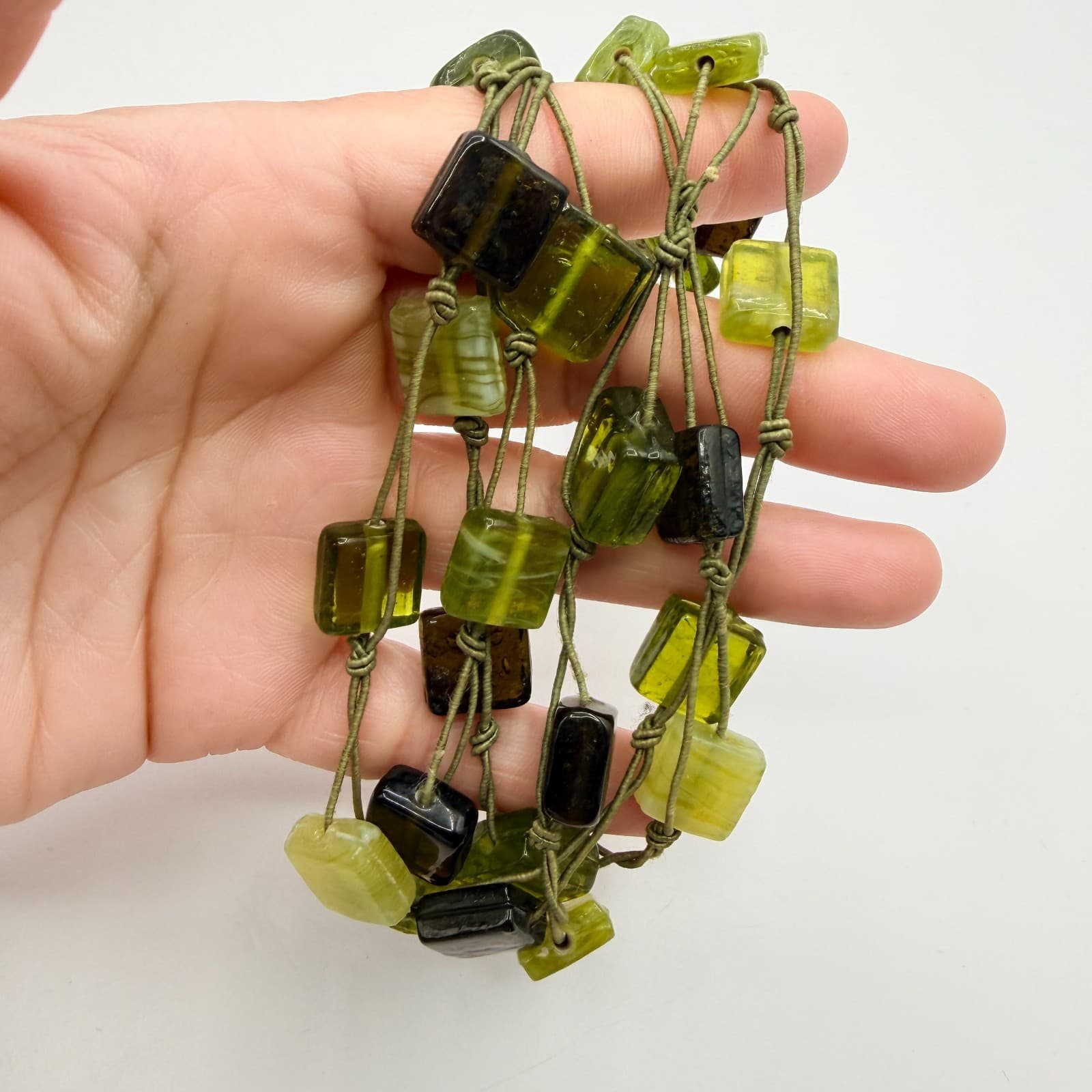 Vintage Green Glass Statement Necklace Multi Strand Knotted Cord Square Bead Y2K - Thumbnail 9