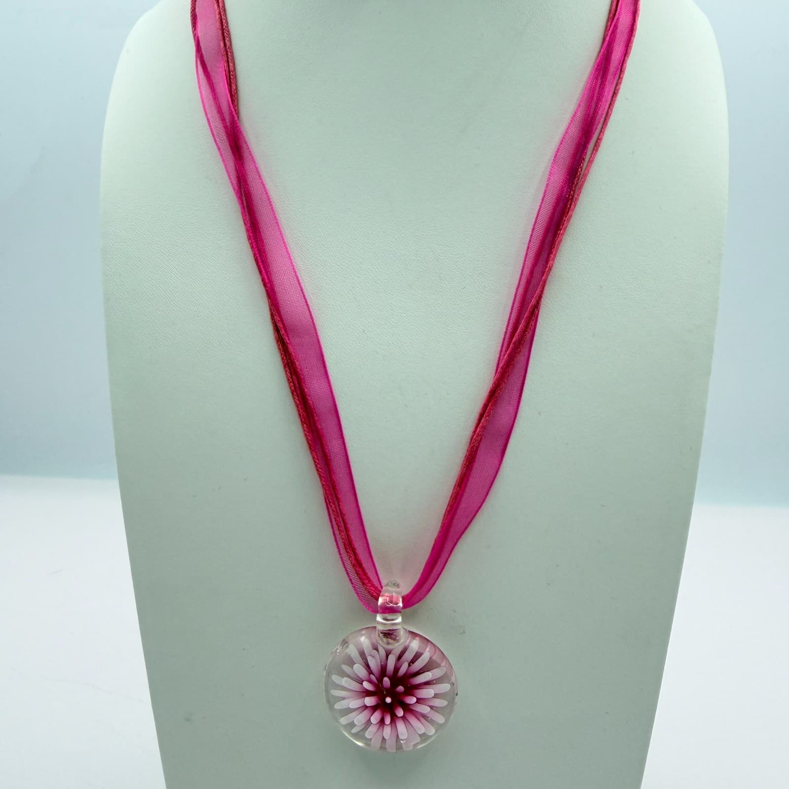 Vintage Pink Art Glass Flower Pendant Necklace Murano Style Ribbon Cord Y2K Boho - Thumbnail 4