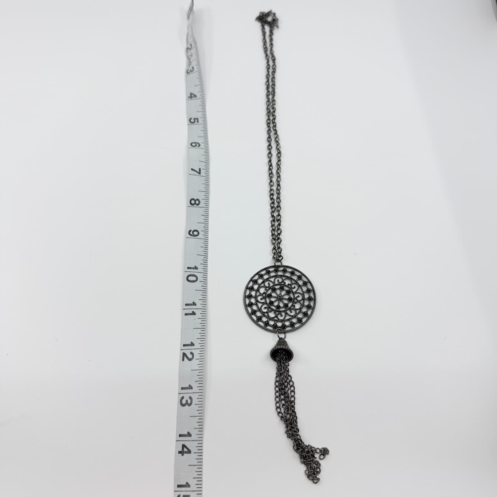 Vintage Gunmetal Gray Openwork Filigree Medallion Tassel Pendant Necklace Long - Thumbnail 8