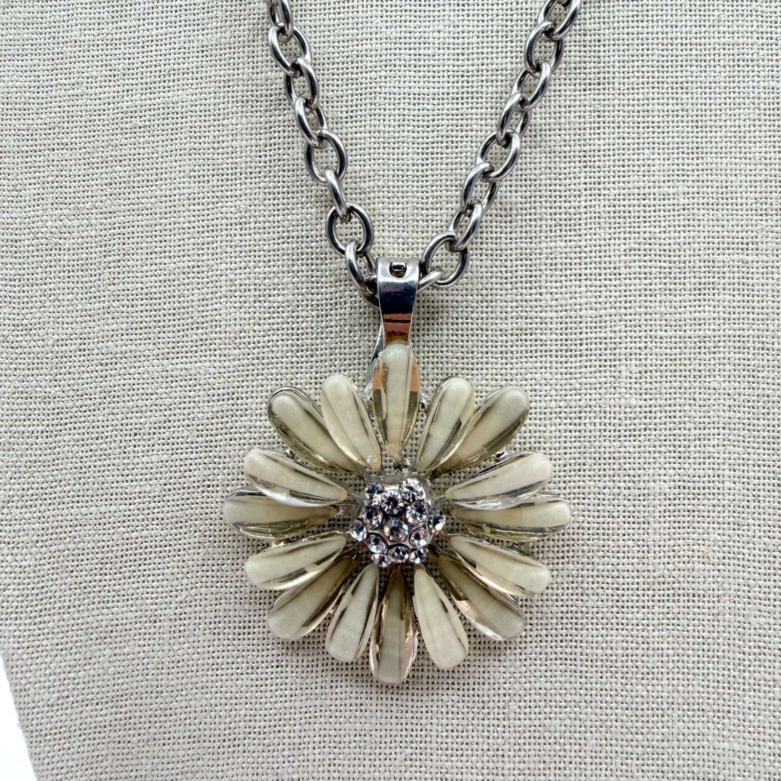 Vintage Yellow Daisy Flower Statement Pendant Necklace Enamel Rhinestone Silver