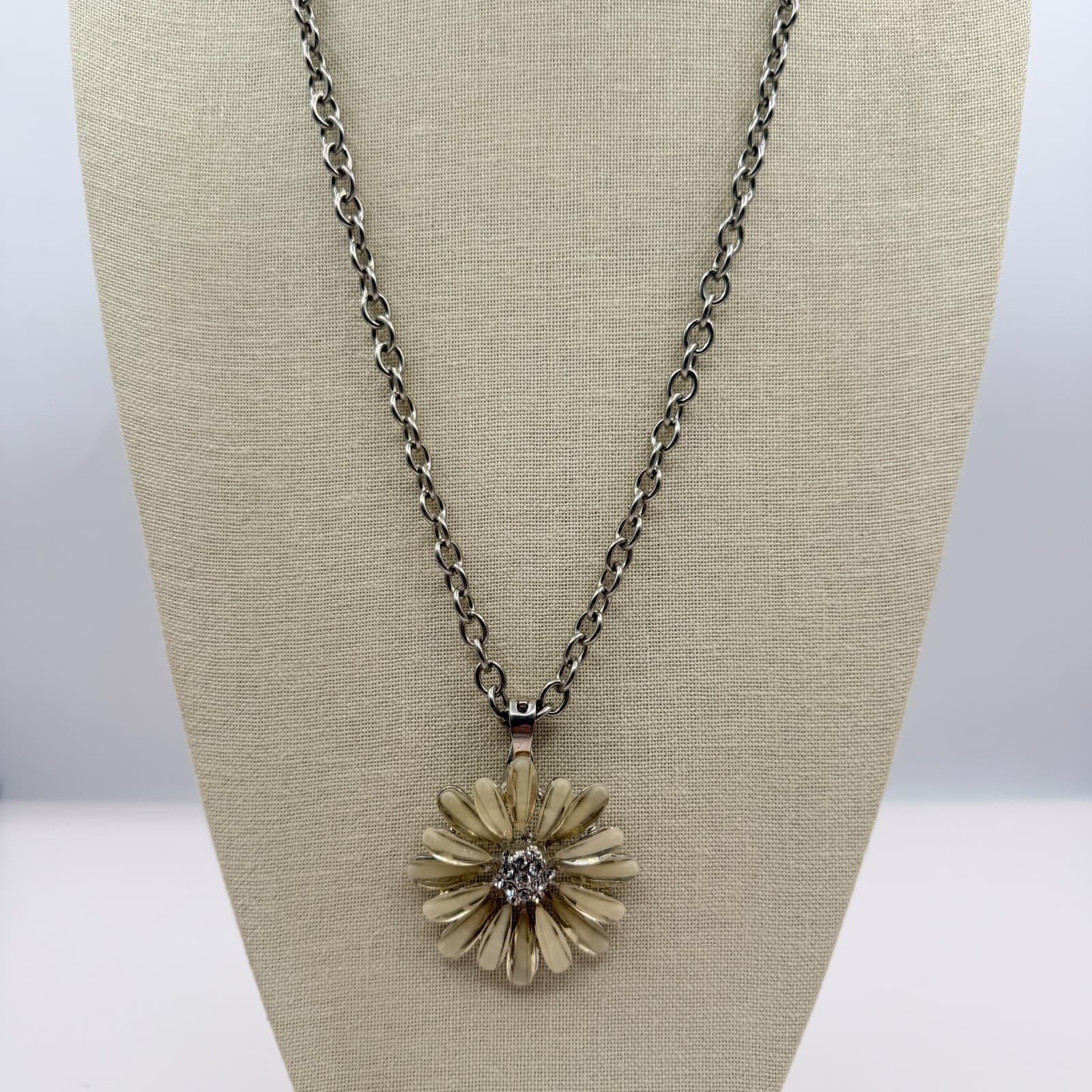 Vintage Yellow Daisy Flower Statement Pendant Necklace Enamel Rhinestone Silver - Thumbnail 2