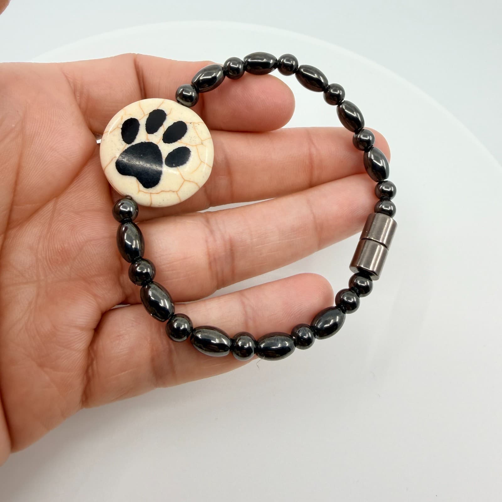 Vintage Gunmetal Tone Hematite Color Beaded Bracelet Paw Print Chunky Statement - Thumbnail 6